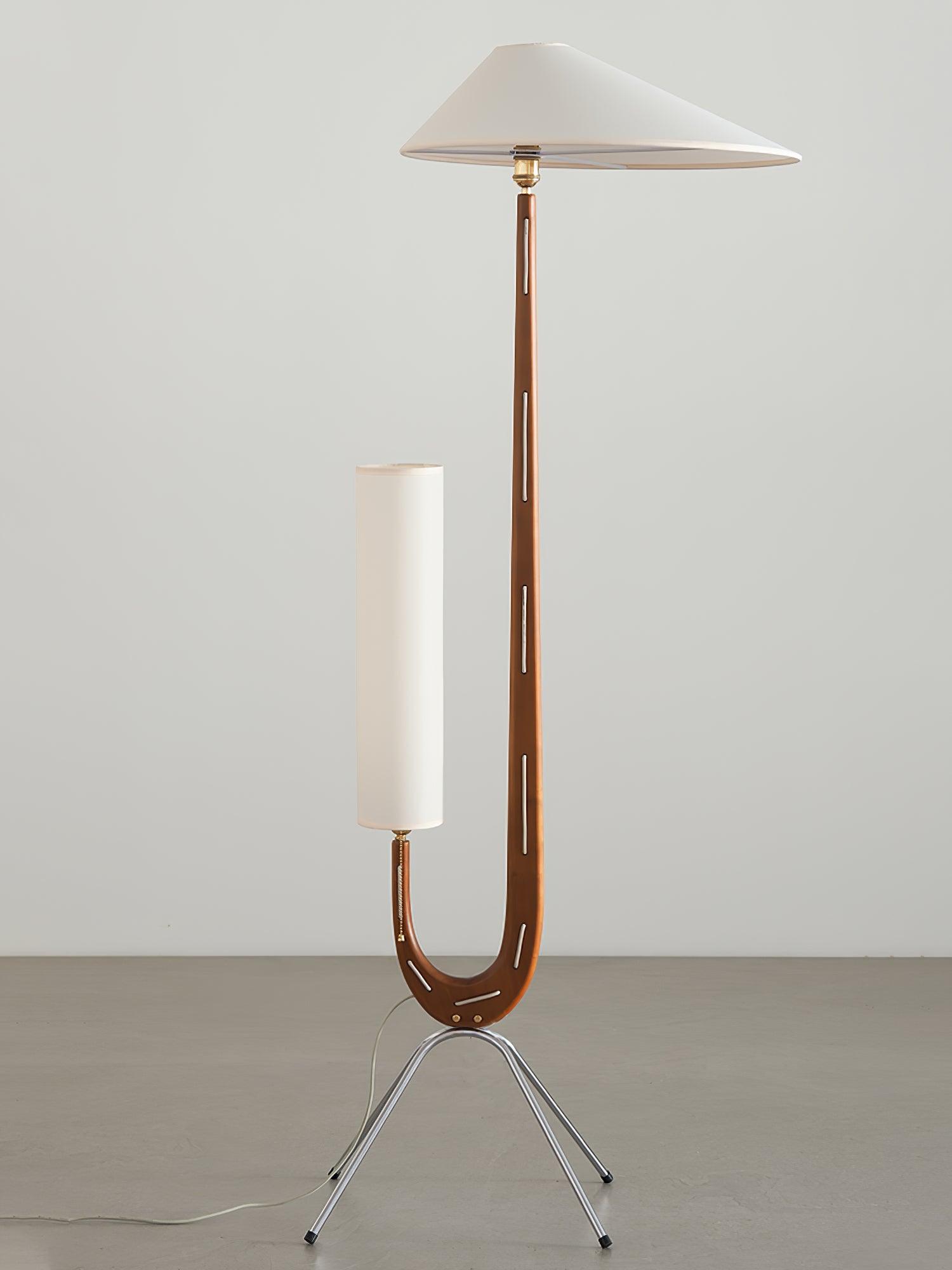 Modern Giraffe Torchiere Floor Lamp Walnut and Stainless Steel Standing Light with White Shade