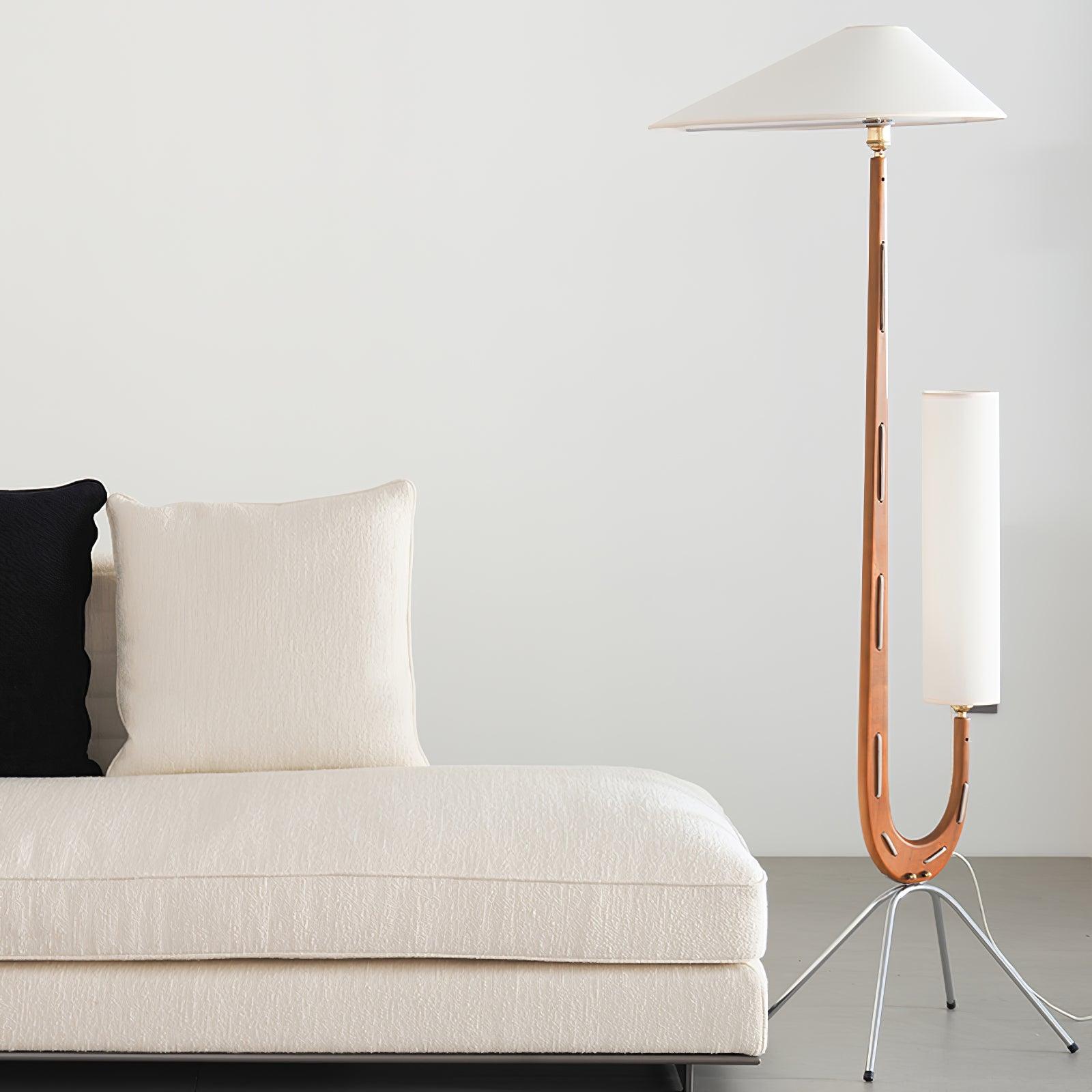 Modern Giraffe Torchiere Floor Lamp Walnut and Stainless Steel Standing Light with White Shade