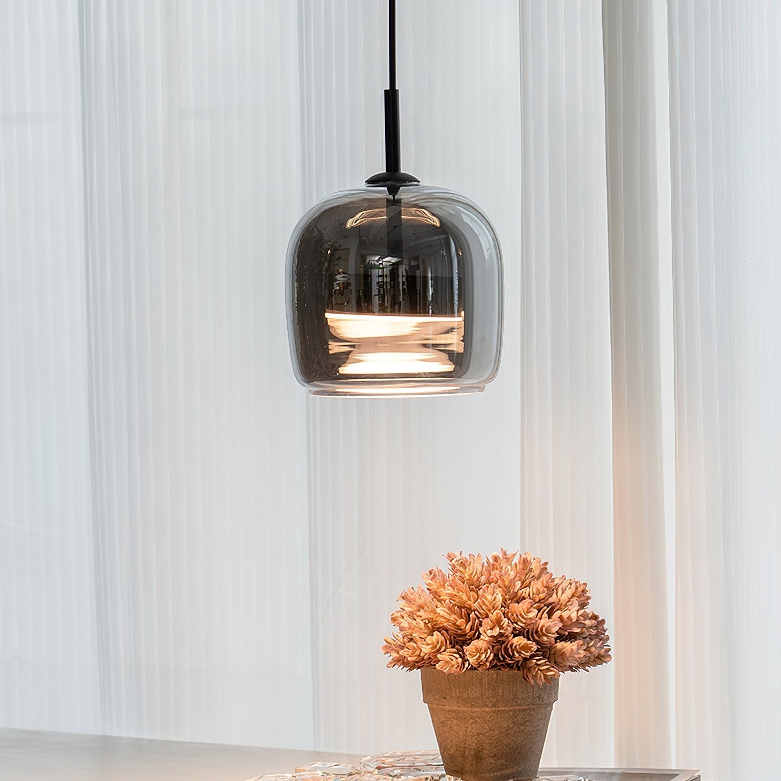 modern-smoke-gray-glass-drum-pendant-light-with-3-color-changing-led-technology