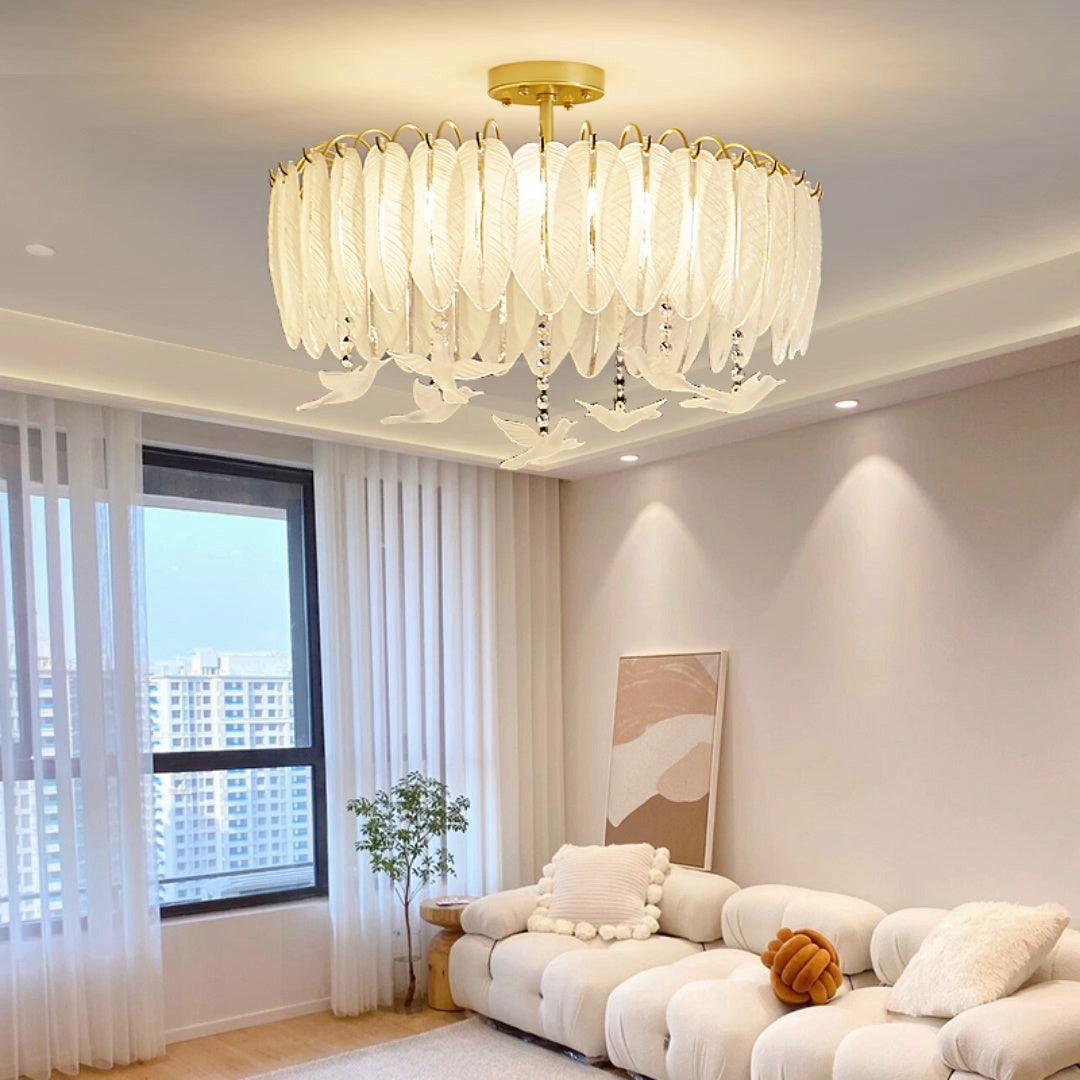Modern Opaque Glass Feather Flush Mount Ceiling Light with Copper Plated Frame