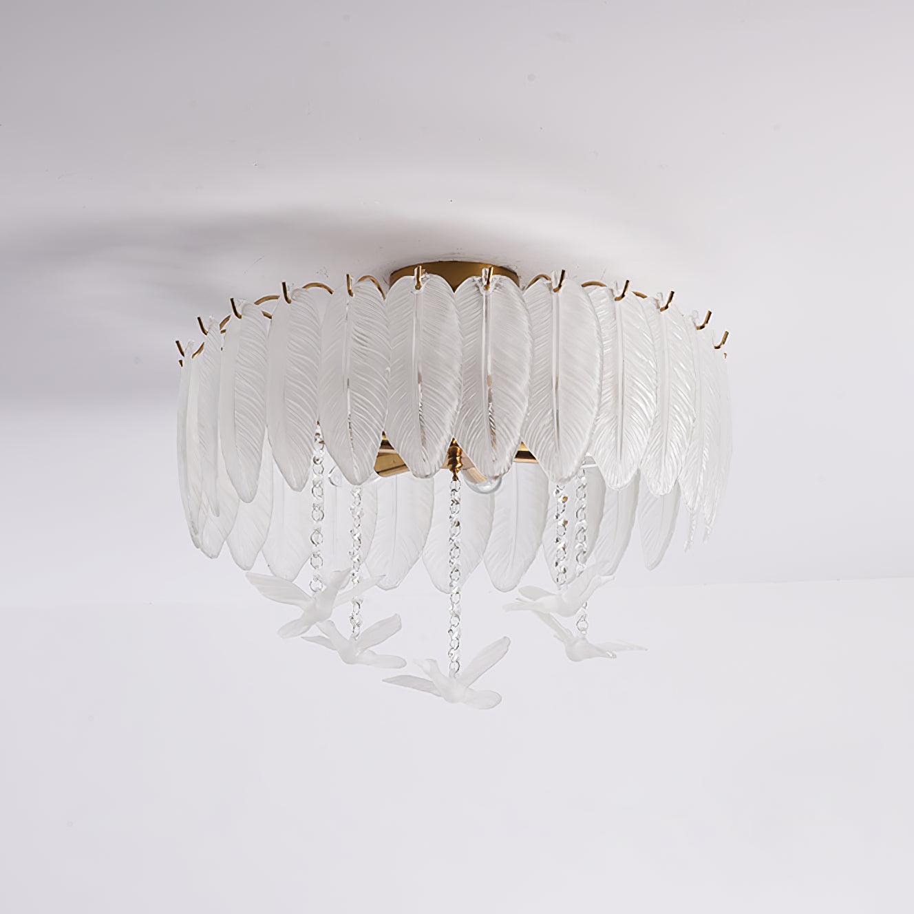 Modern Opaque Glass Feather Flush Mount Ceiling Light with Copper Plated Frame