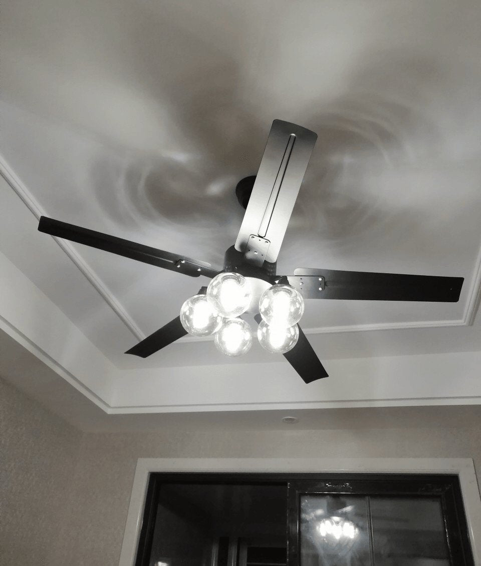 Vintage Industrial Black Ceiling Fan with Glass Globe Lighting and Three Speed Motor