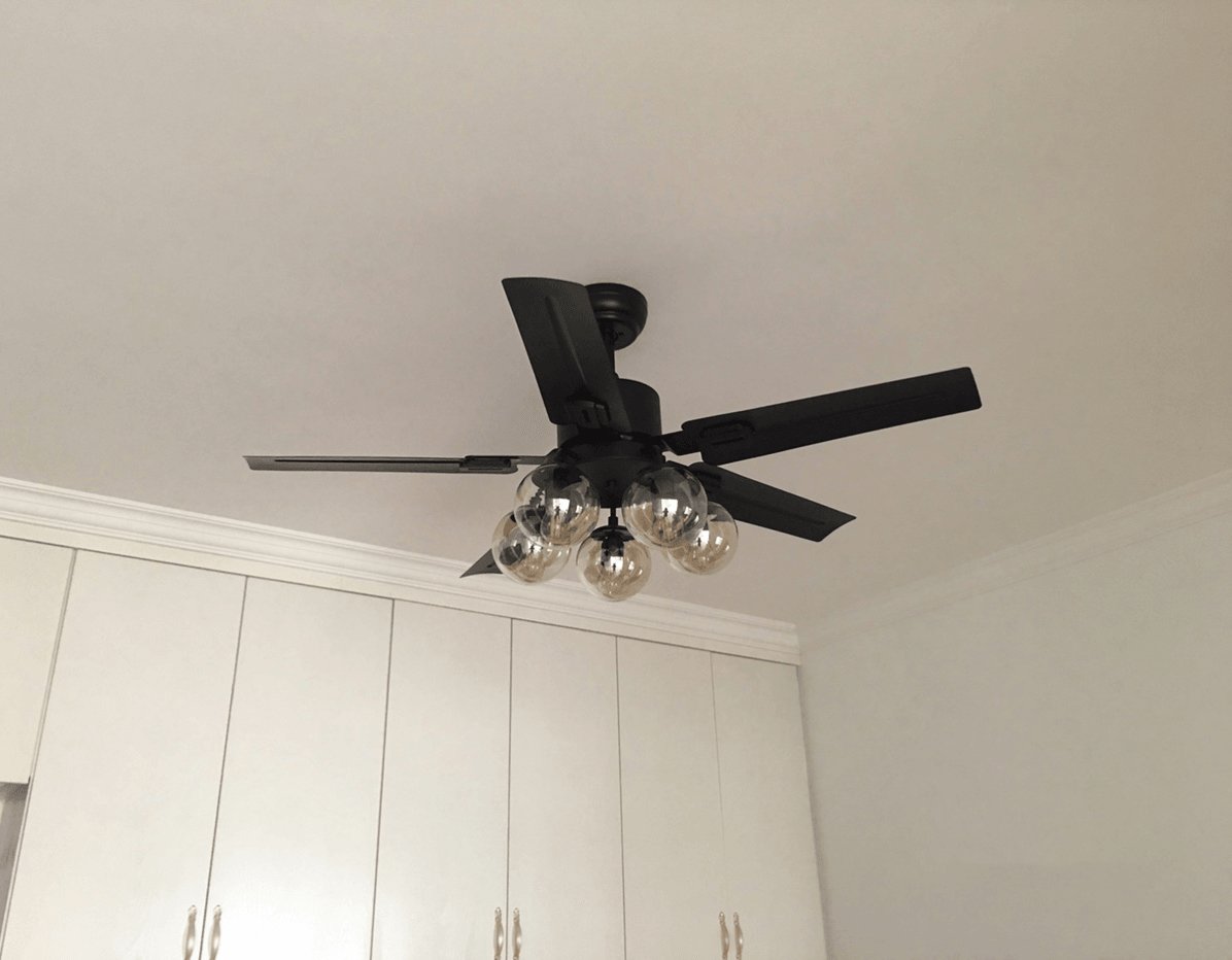 Vintage Industrial Black Ceiling Fan with Glass Globe Lighting and Three Speed Motor
