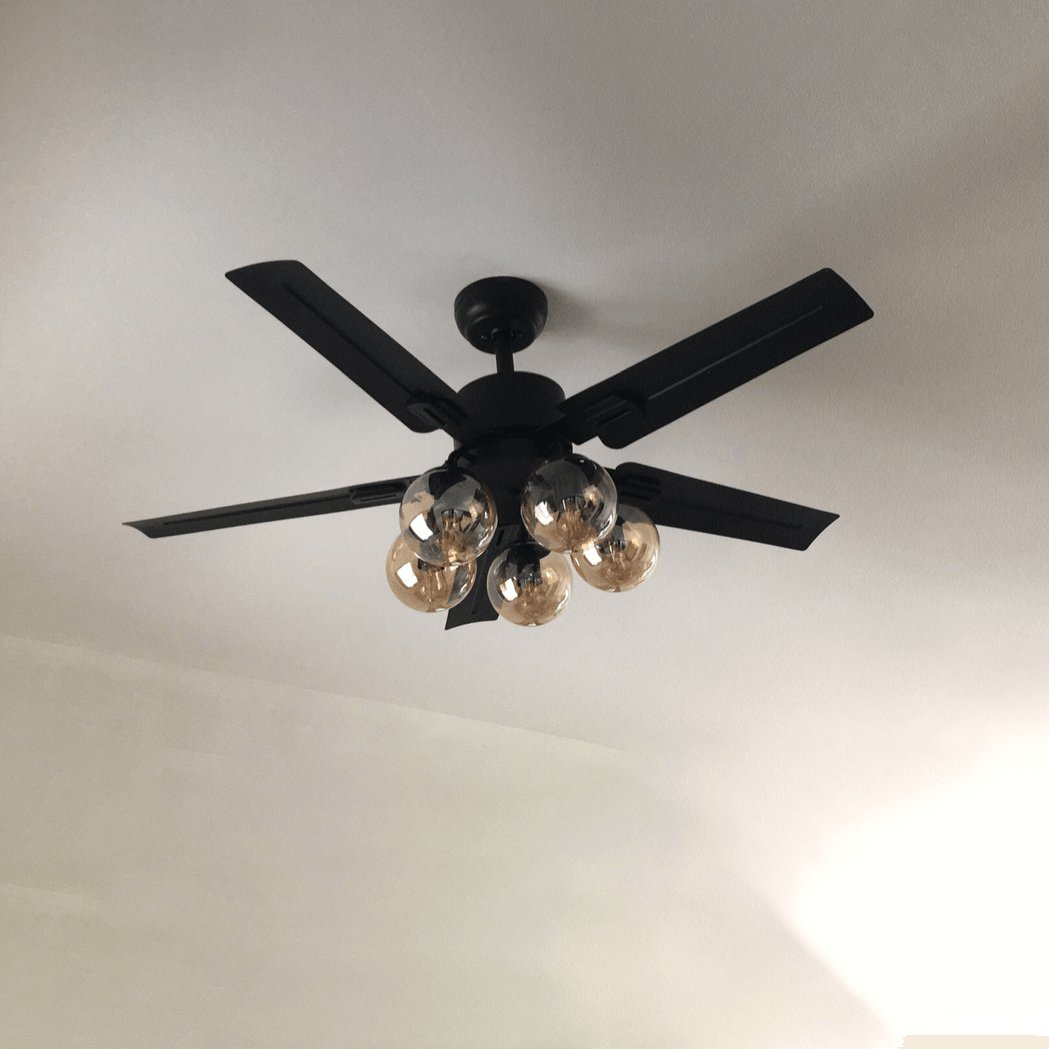 Vintage Industrial Black Ceiling Fan with Glass Globe Lighting and Three Speed Motor