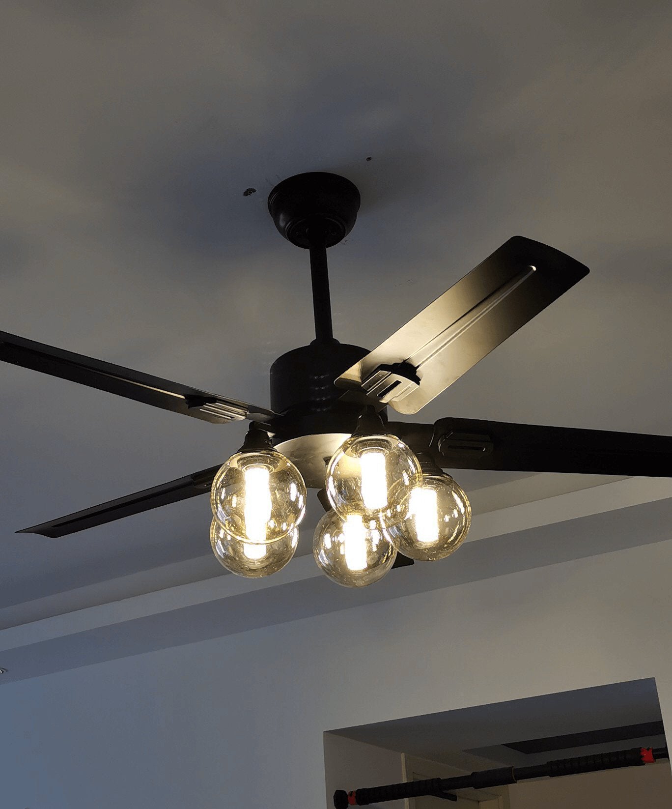 Vintage Industrial Black Ceiling Fan with Glass Globe Lighting and Three Speed Motor
