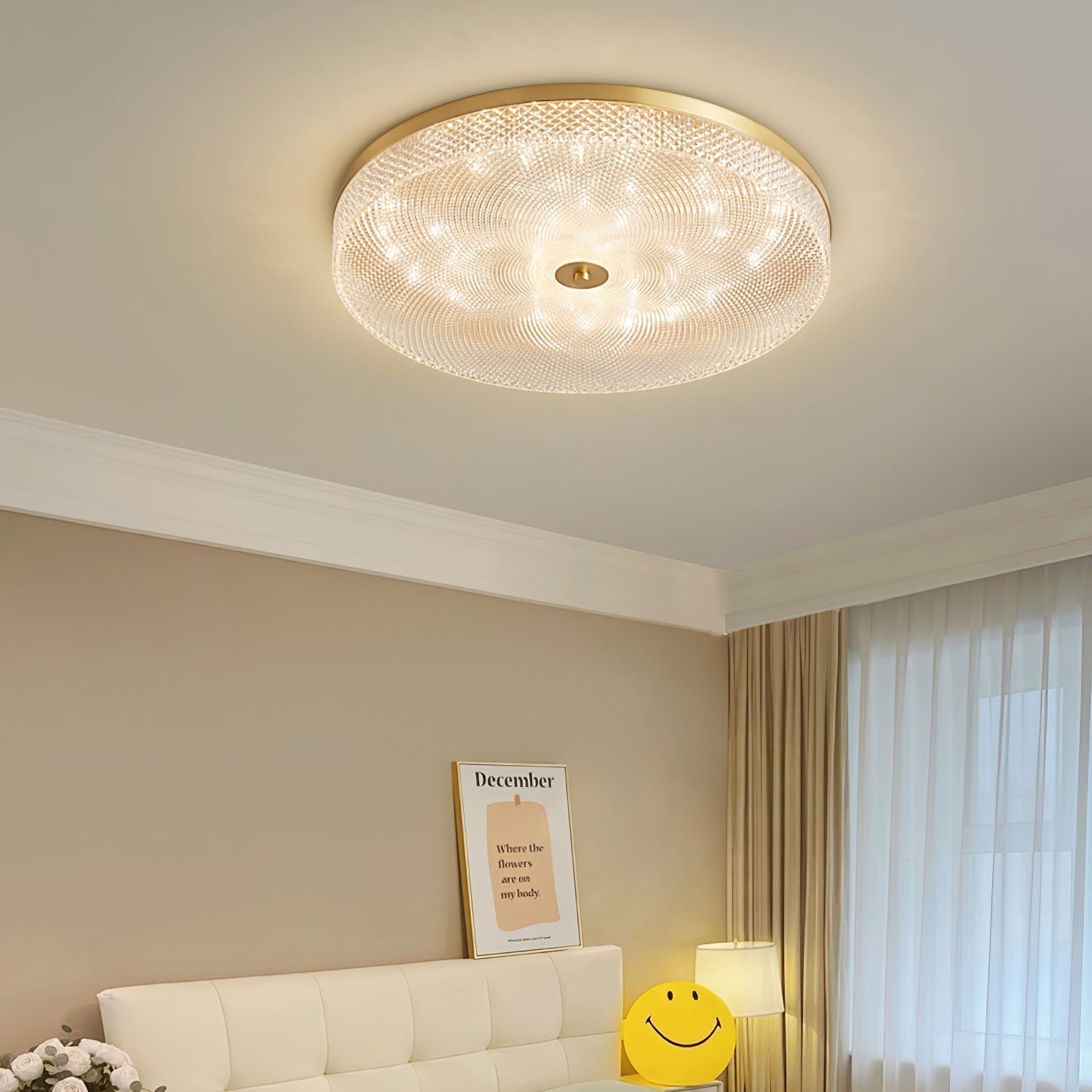 Modern Striped Glass Flush Mount Ceiling Light with Brass Finish and Integrated LED