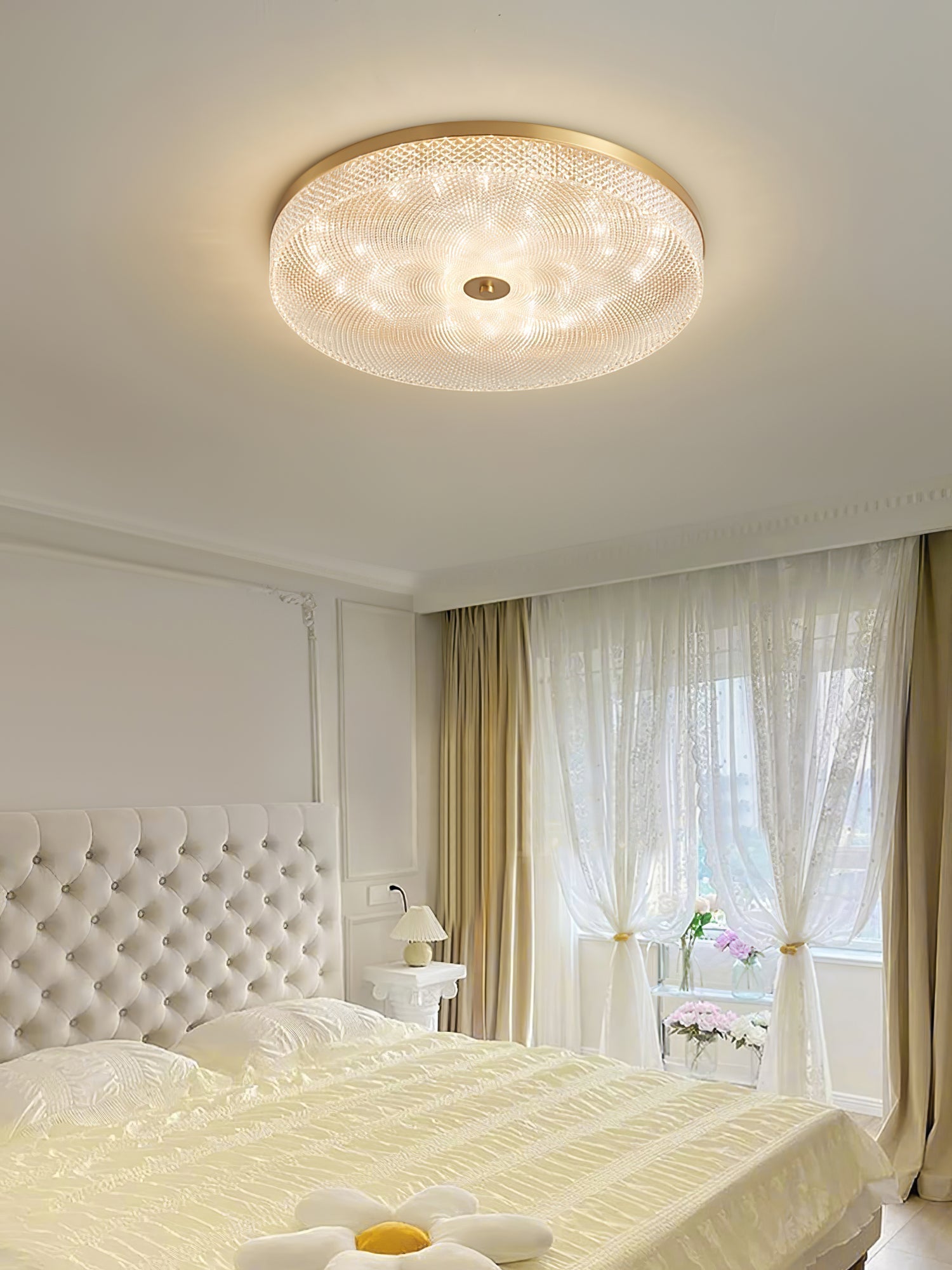 Modern Striped Glass Flush Mount Ceiling Light with Brass Finish and Integrated LED