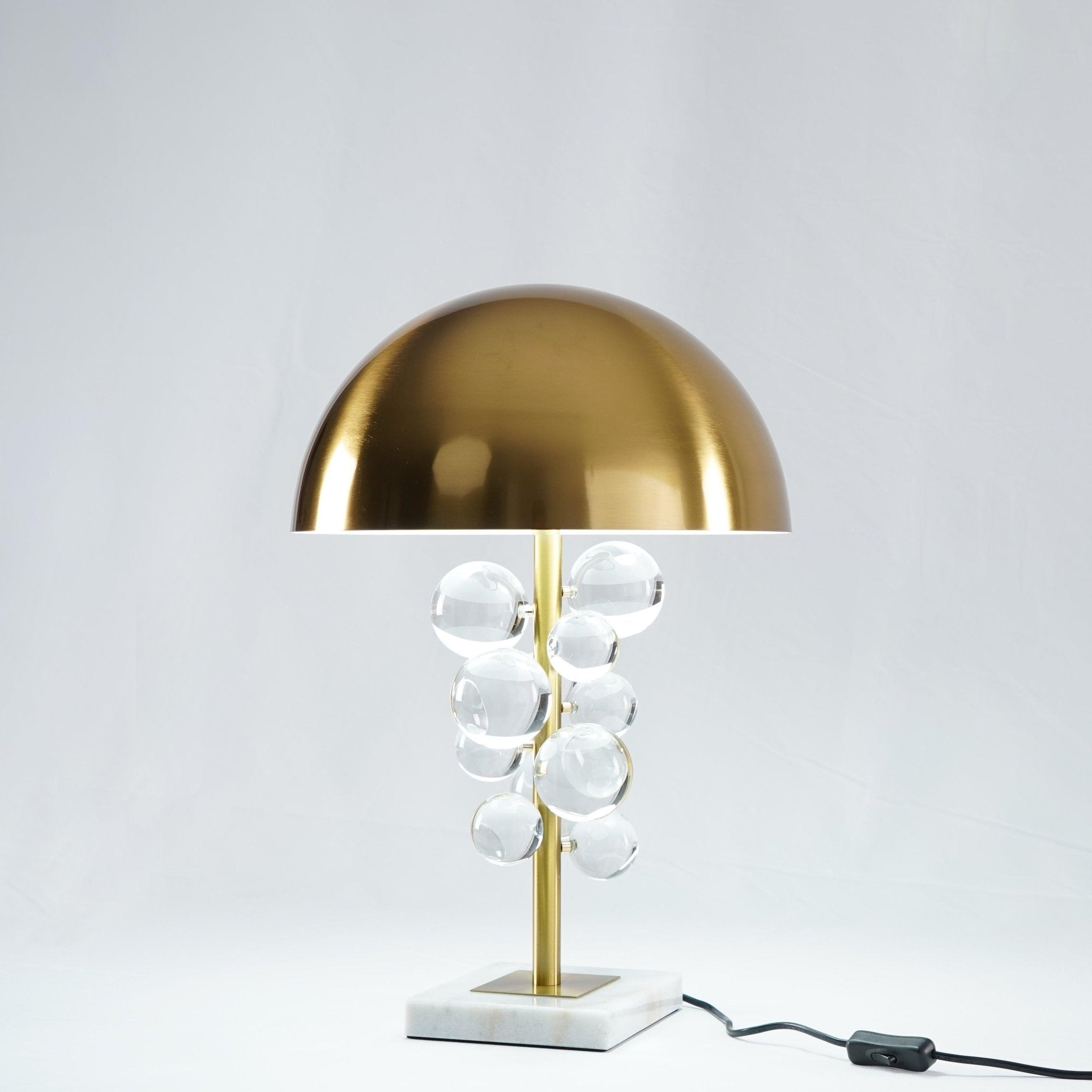 Modern Glass Sphere Table Lamp with Sculptural Marble Base and Brass Dome