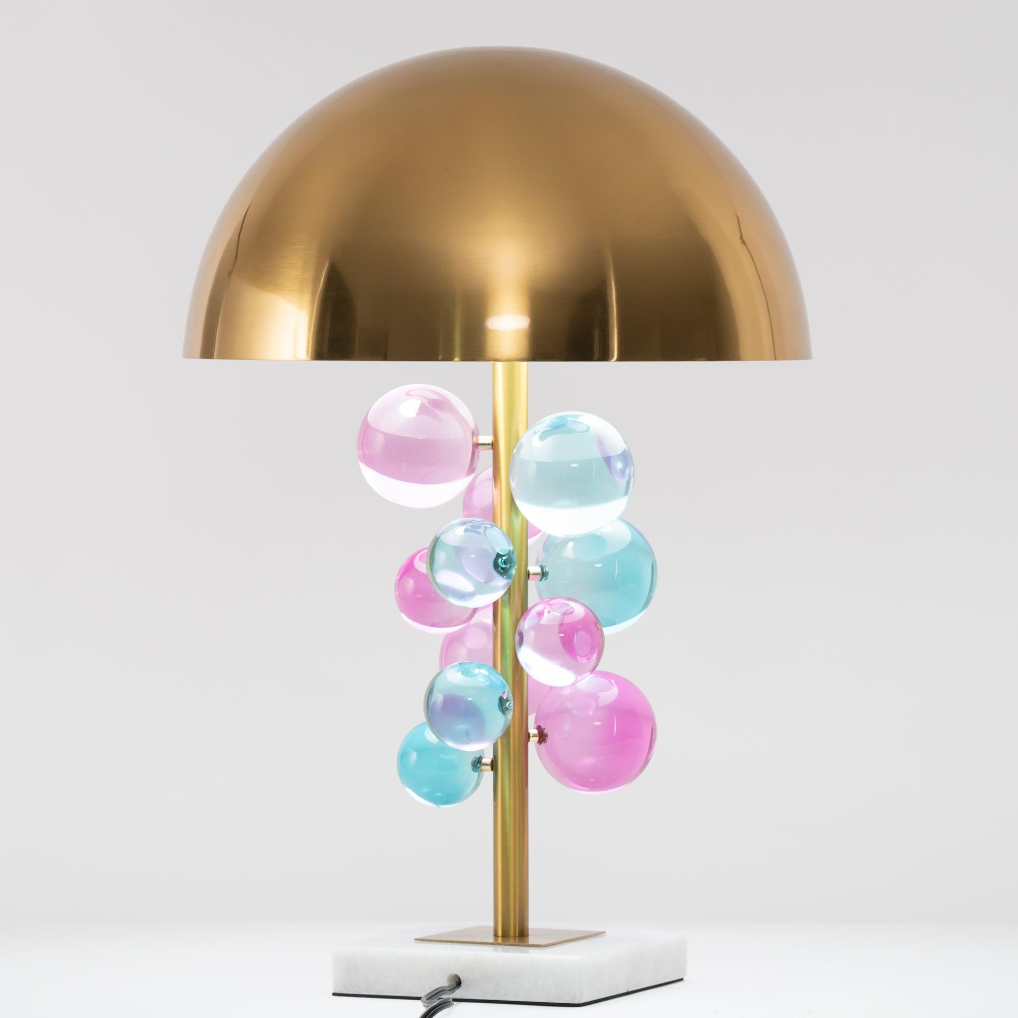 Modern Glass Sphere Table Lamp with Sculptural Marble Base and Brass Dome