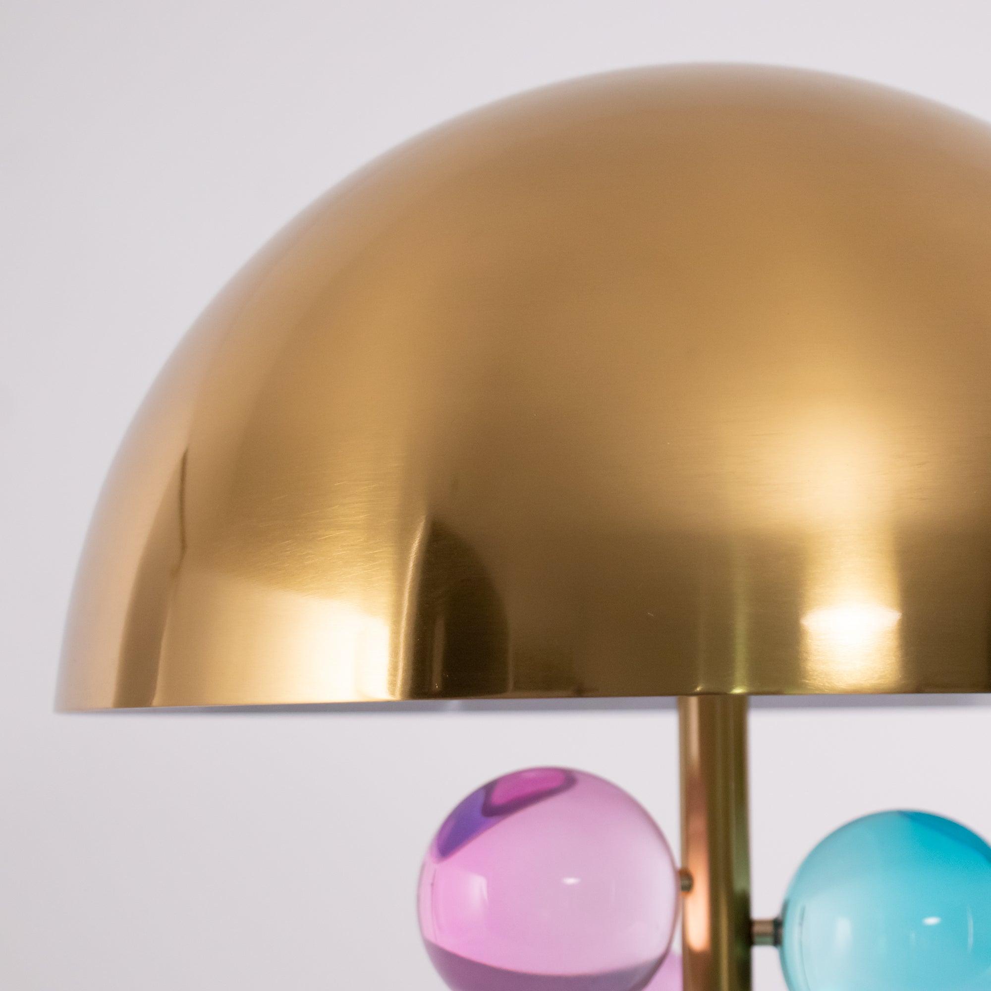 Modern Glass Sphere Table Lamp with Sculptural Marble Base and Brass Dome
