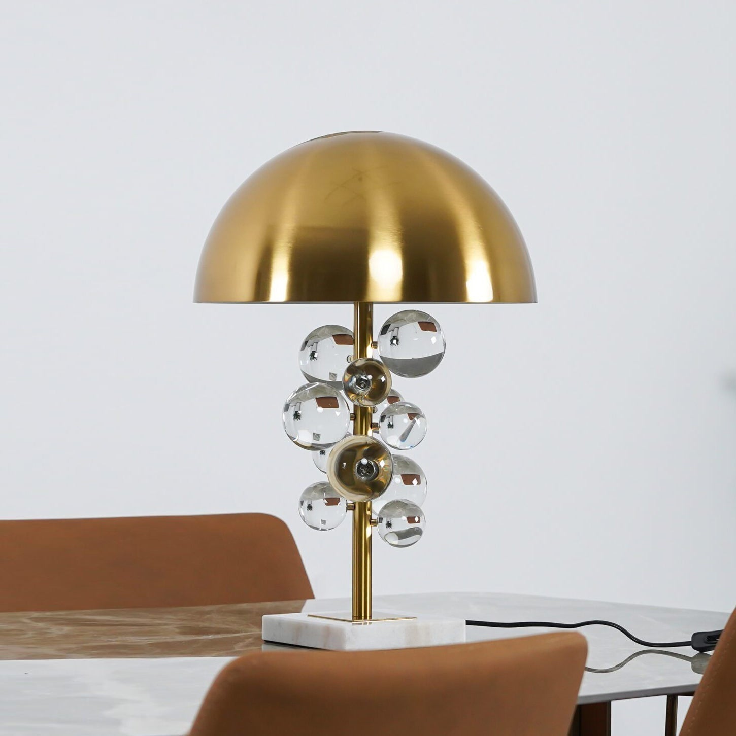 Modern Glass Sphere Table Lamp with Sculptural Marble Base and Brass Dome