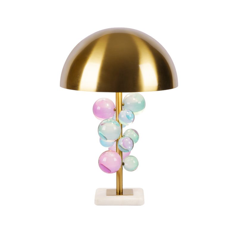 Modern Glass Sphere Table Lamp with Sculptural Marble Base and Brass Dome