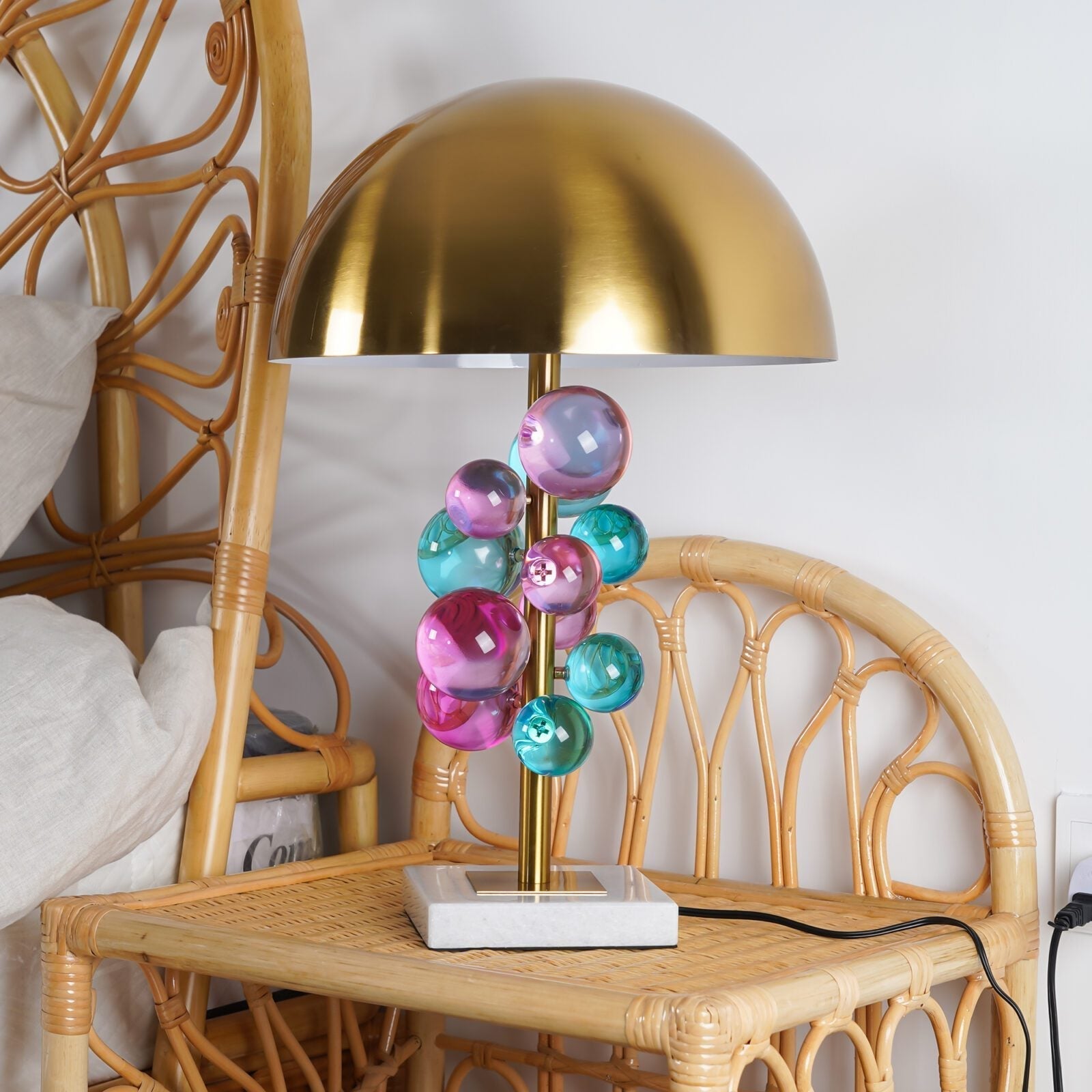 Modern Glass Sphere Table Lamp with Sculptural Marble Base and Brass Dome