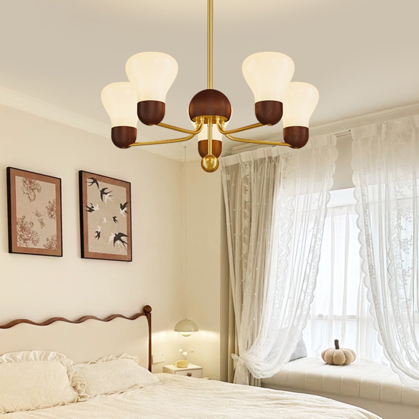 vintage-walnut-wood-chandelier-with-creamy-glass-shades-for-living-dining-room