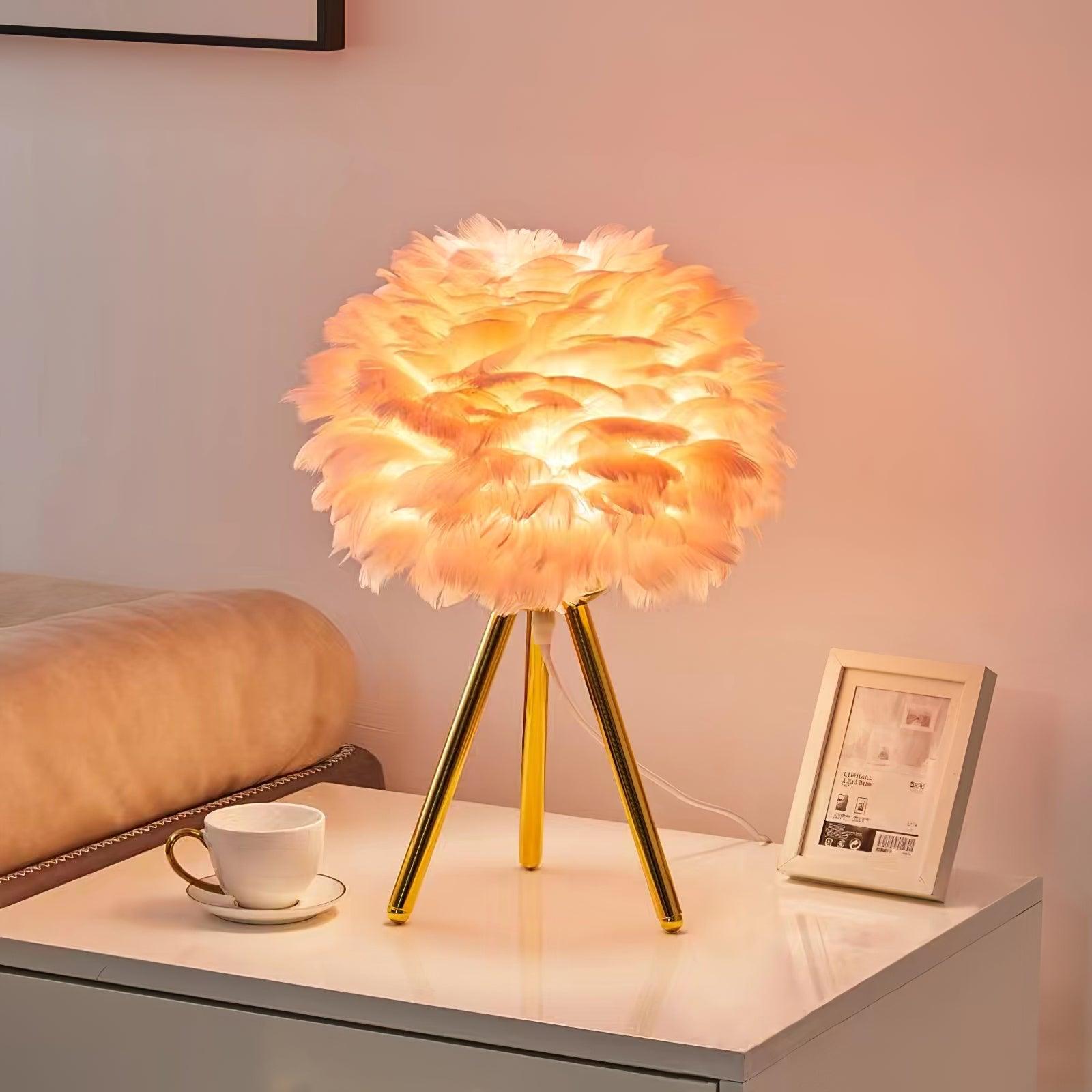Romantic Goose Feather Desk Lamp with Metal Tripod Stand for Bedside and Accent Lighting