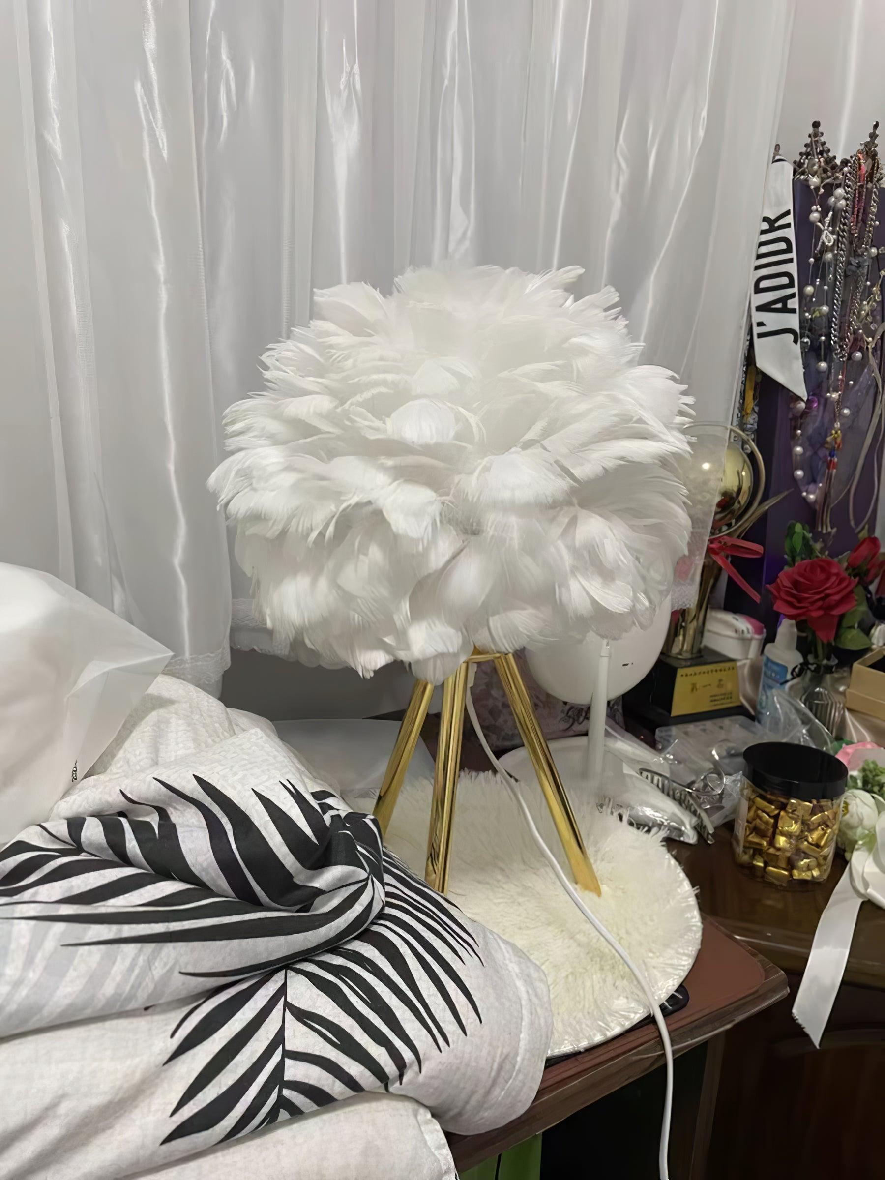 Romantic Goose Feather Desk Lamp with Metal Tripod Stand for Bedside and Accent Lighting