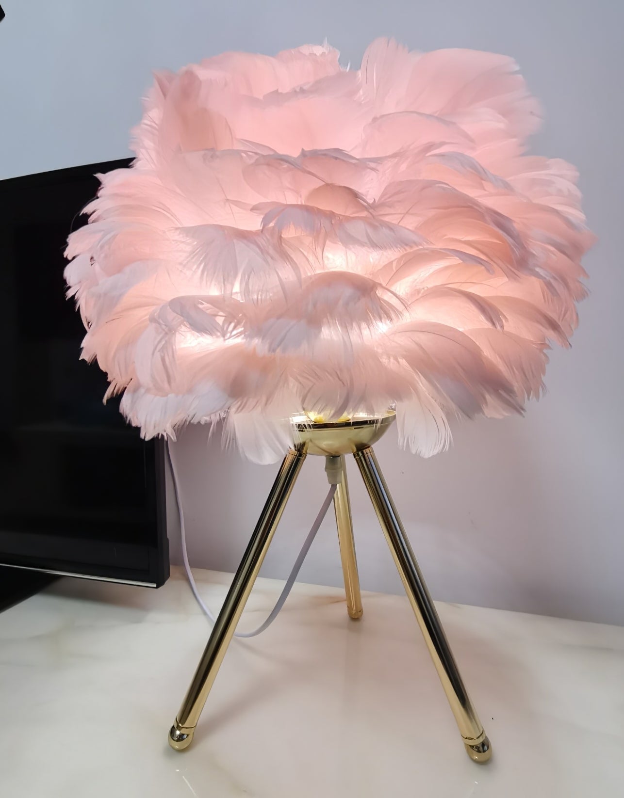 Romantic Goose Feather Desk Lamp with Metal Tripod Stand for Bedside and Accent Lighting