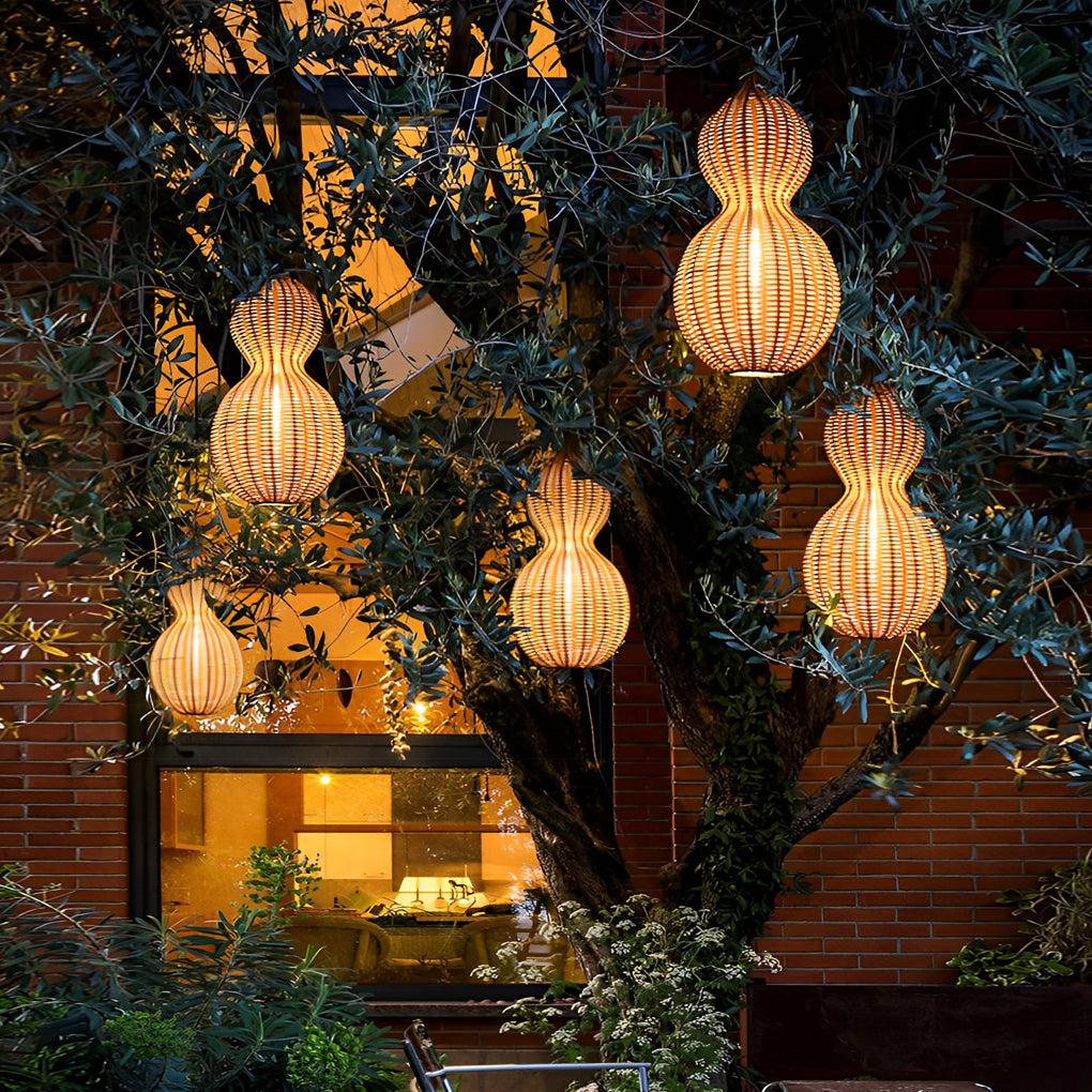 Rustic Woven Rattan Gourd Outdoor Pendant Light IP65 Waterproof Exterior Hanging Lamp for Garden and Patio