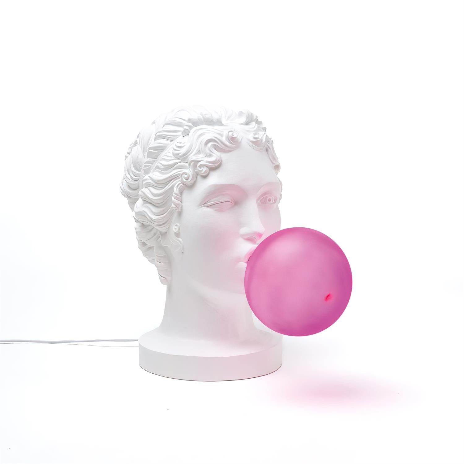 Modern Grace Portable Table Lamp with Pink Glass Globe and White Resin Bust Sculptural Base