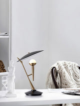 Vintage Gramophone Table Lamp Gold and Black Bedside Light with White Glass Shade