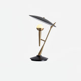 Vintage Gramophone Table Lamp Gold and Black Bedside Light with White Glass Shade