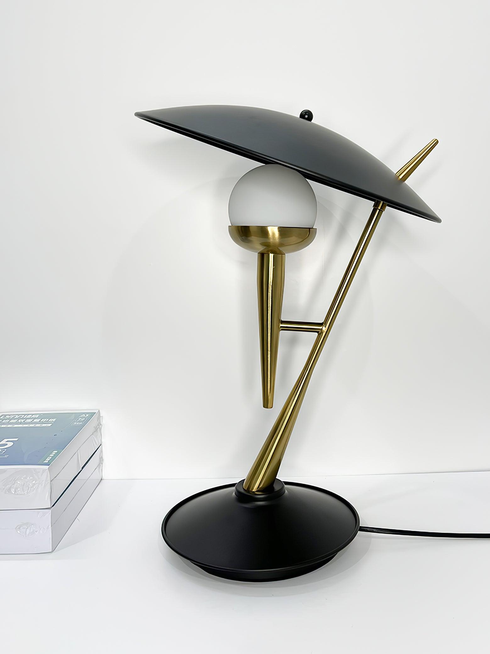 Vintage Gramophone Table Lamp Gold and Black Bedside Light with White Glass Shade