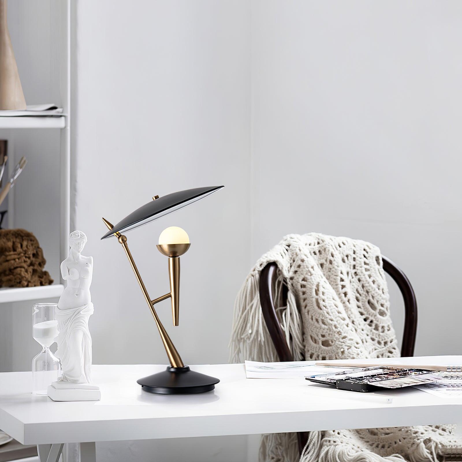 Vintage Gramophone Table Lamp Gold and Black Bedside Light with White Glass Shade