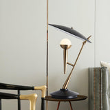 Vintage Gramophone Table Lamp Gold and Black Bedside Light with White Glass Shade