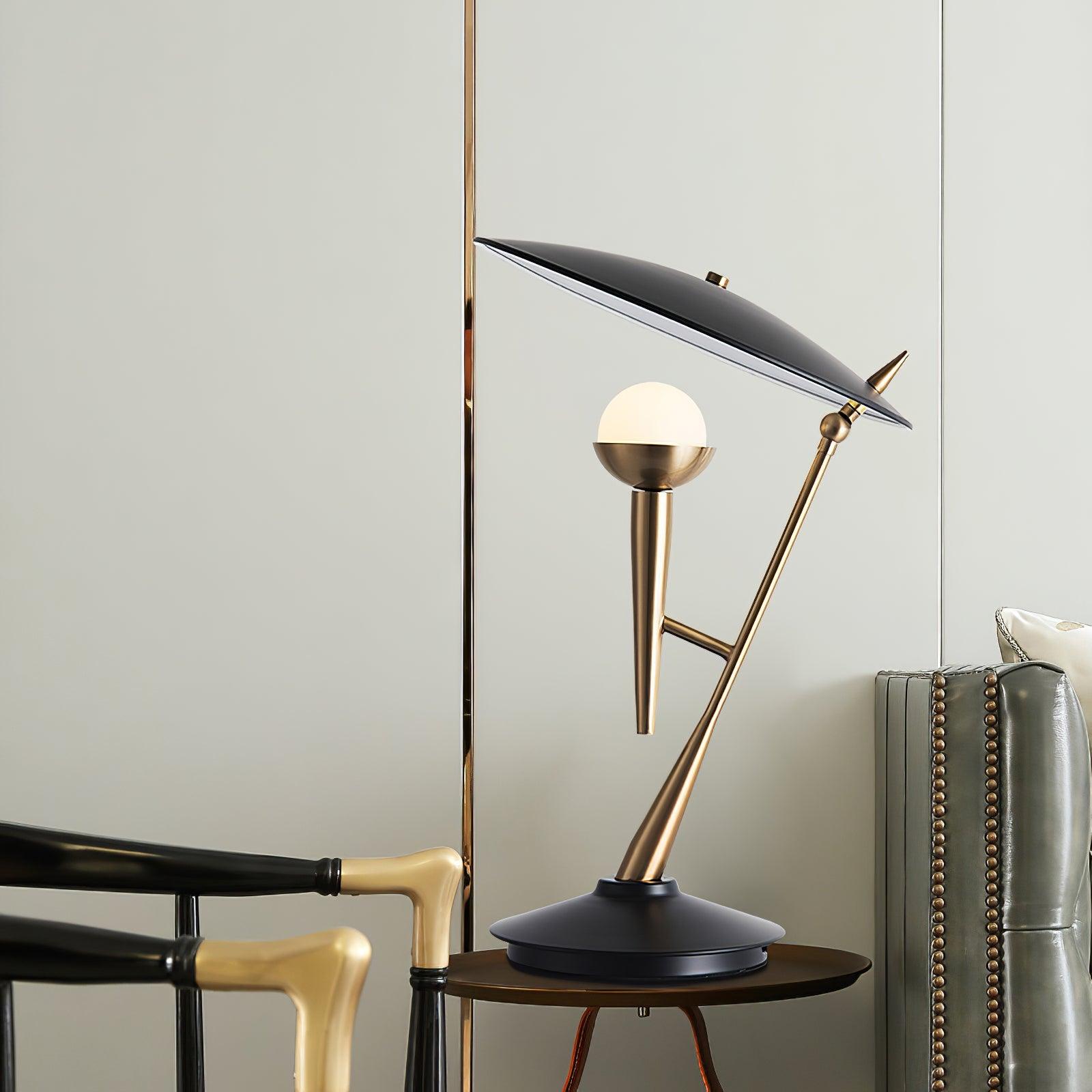 Vintage Gramophone Table Lamp Gold and Black Bedside Light with White Glass Shade