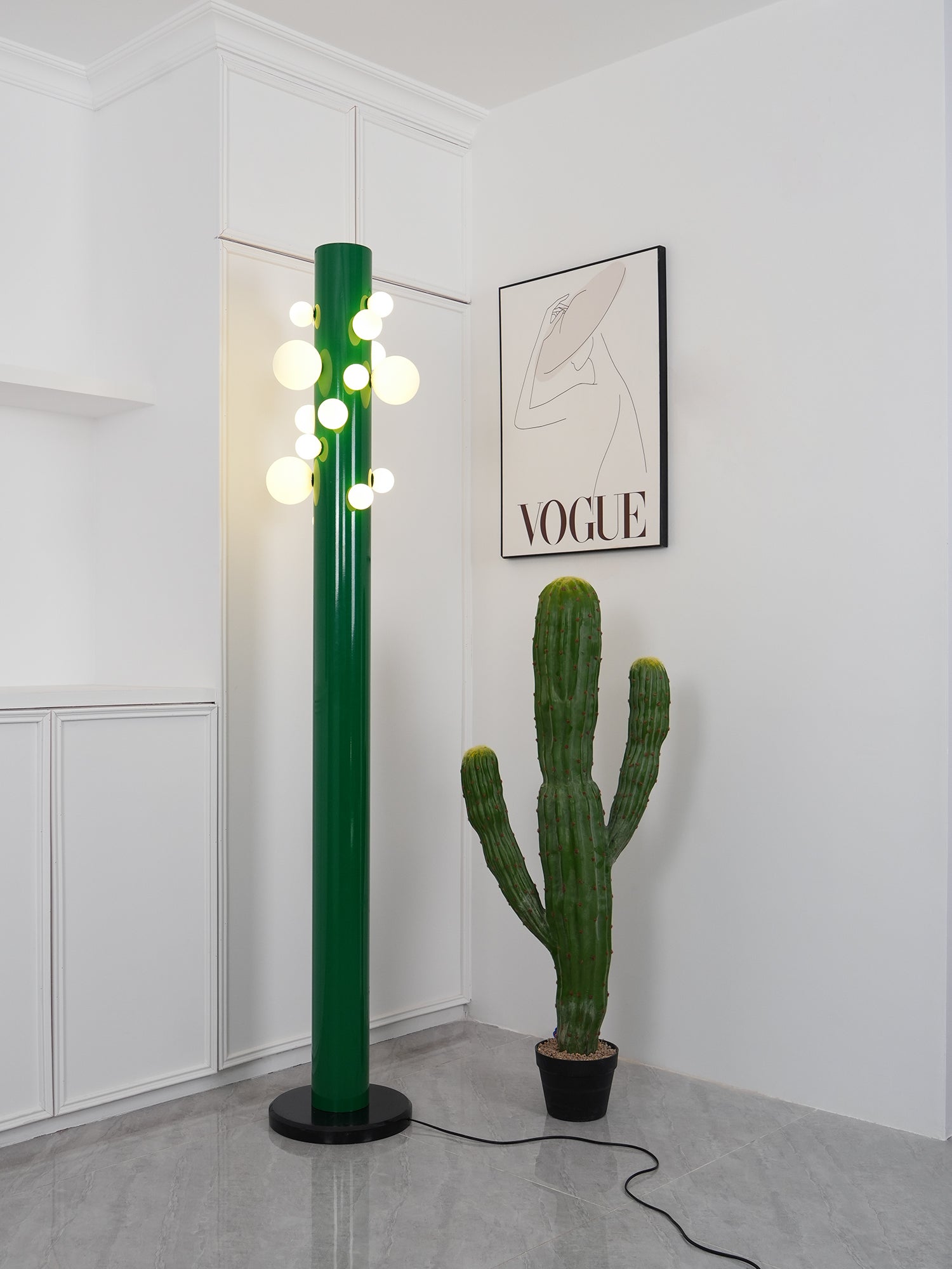 Modern Green Glass Ambient Floor Lamp with Marble Base and White Globe Shade