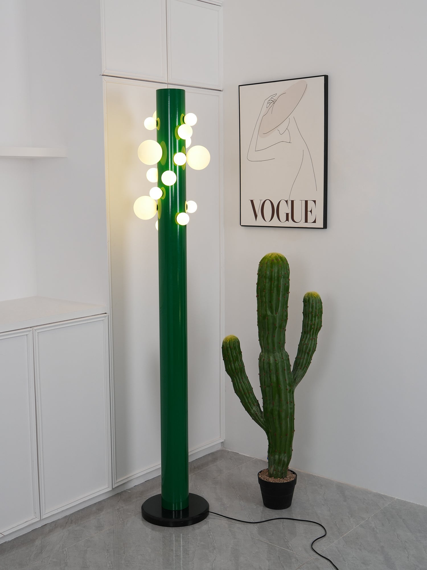 Modern Green Glass Ambient Floor Lamp with Marble Base and White Globe Shade