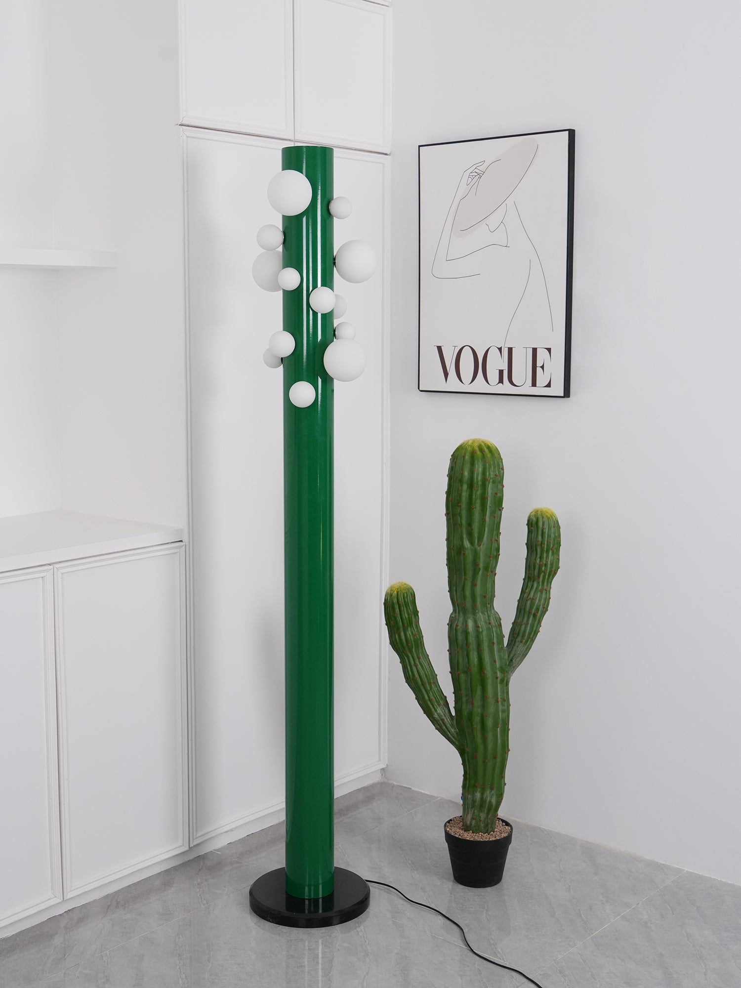 Modern Green Glass Ambient Floor Lamp with Marble Base and White Globe Shade