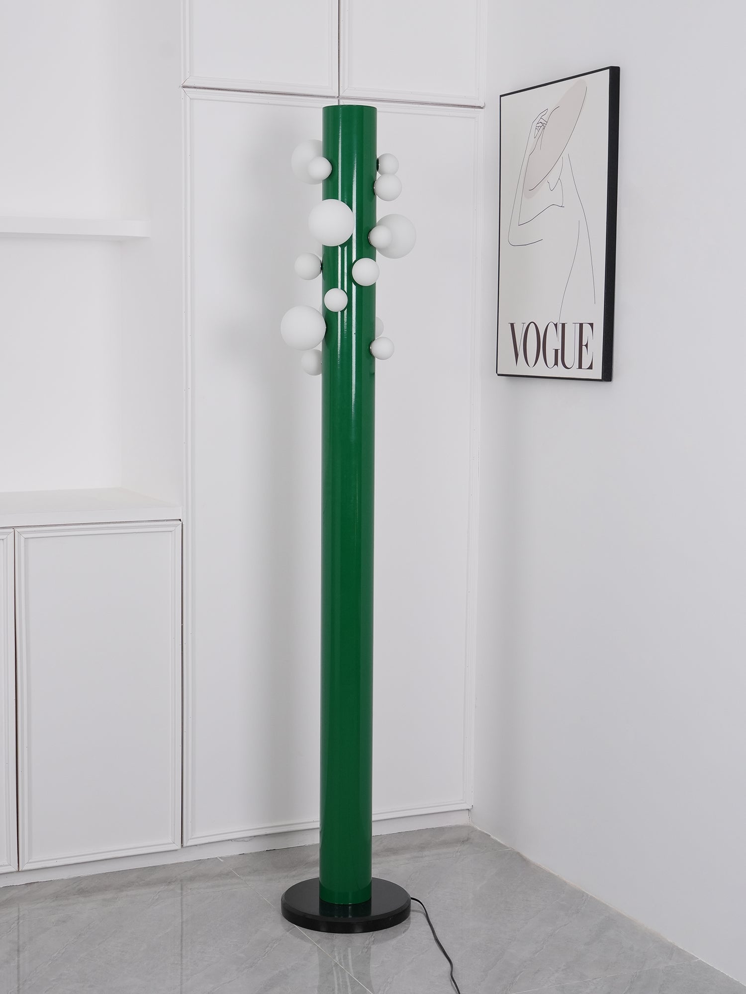 Modern Green Glass Ambient Floor Lamp with Marble Base and White Globe Shade