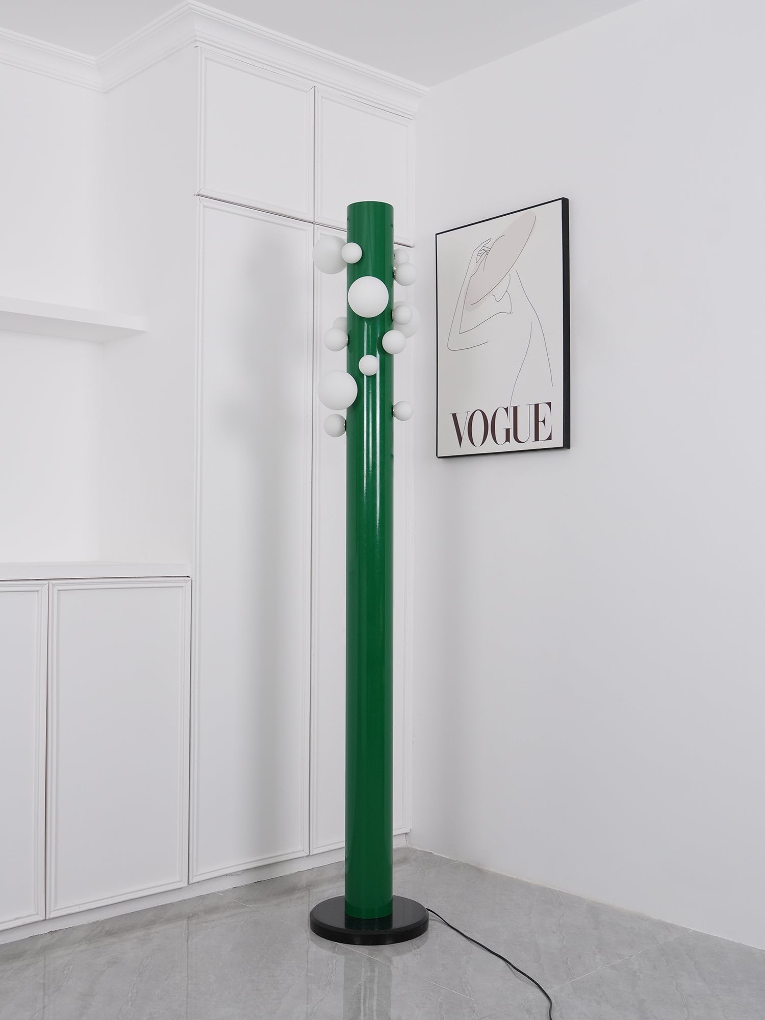 Modern Green Glass Ambient Floor Lamp with Marble Base and White Globe Shade