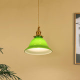 Green Glass Bell Pendant Light with Brass Hardware for Kitchen and Dining Room