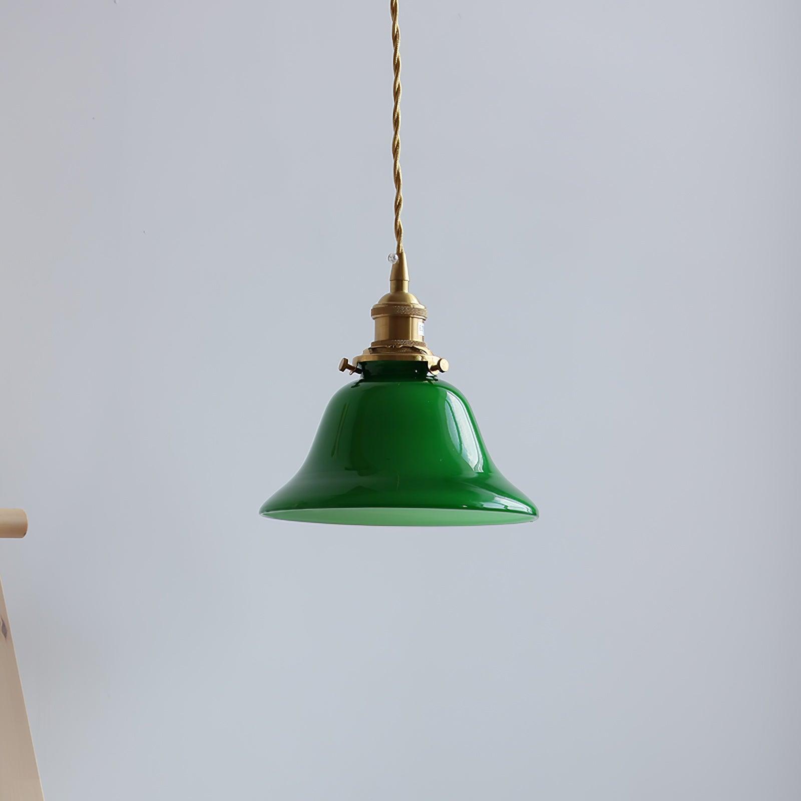 Green Glass Bell Pendant Light with Brass Hardware for Kitchen and Dining Room