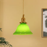 Green Glass Bell Pendant Light with Brass Hardware for Kitchen and Dining Room
