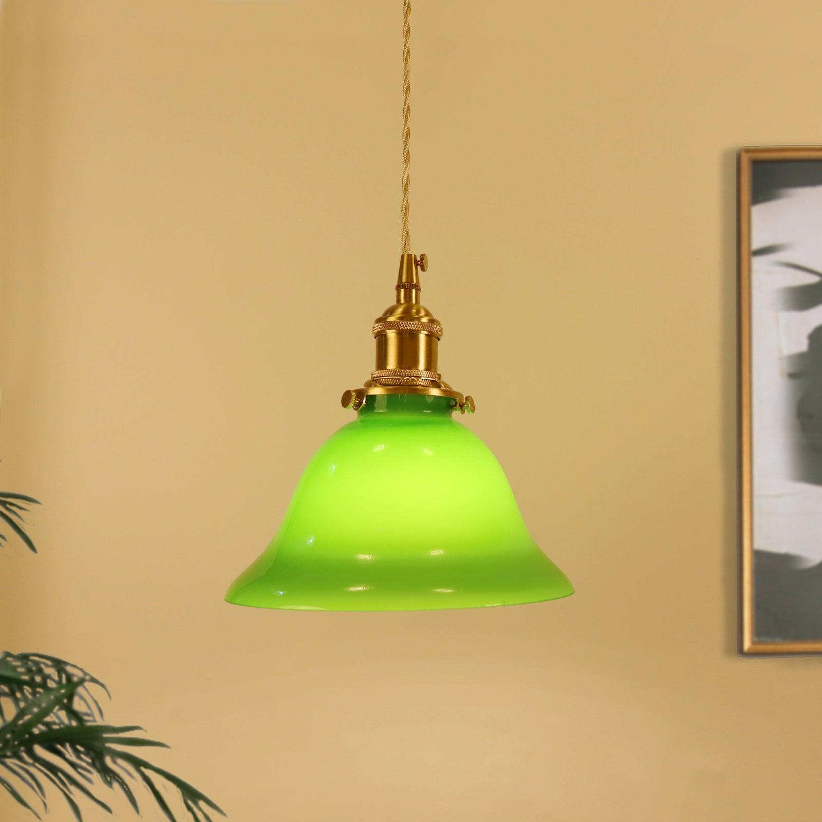 Green Glass Bell Pendant Light with Brass Hardware for Kitchen and Dining Room
