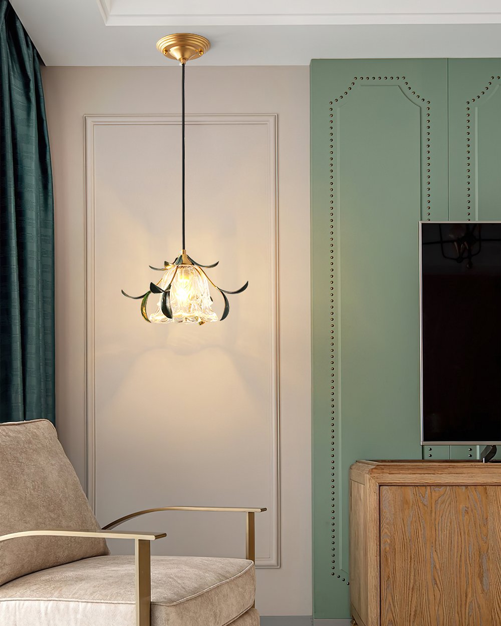 vintage-nature-inspired-green-leaf-floral-pendant-light-with-glass-flower-shade