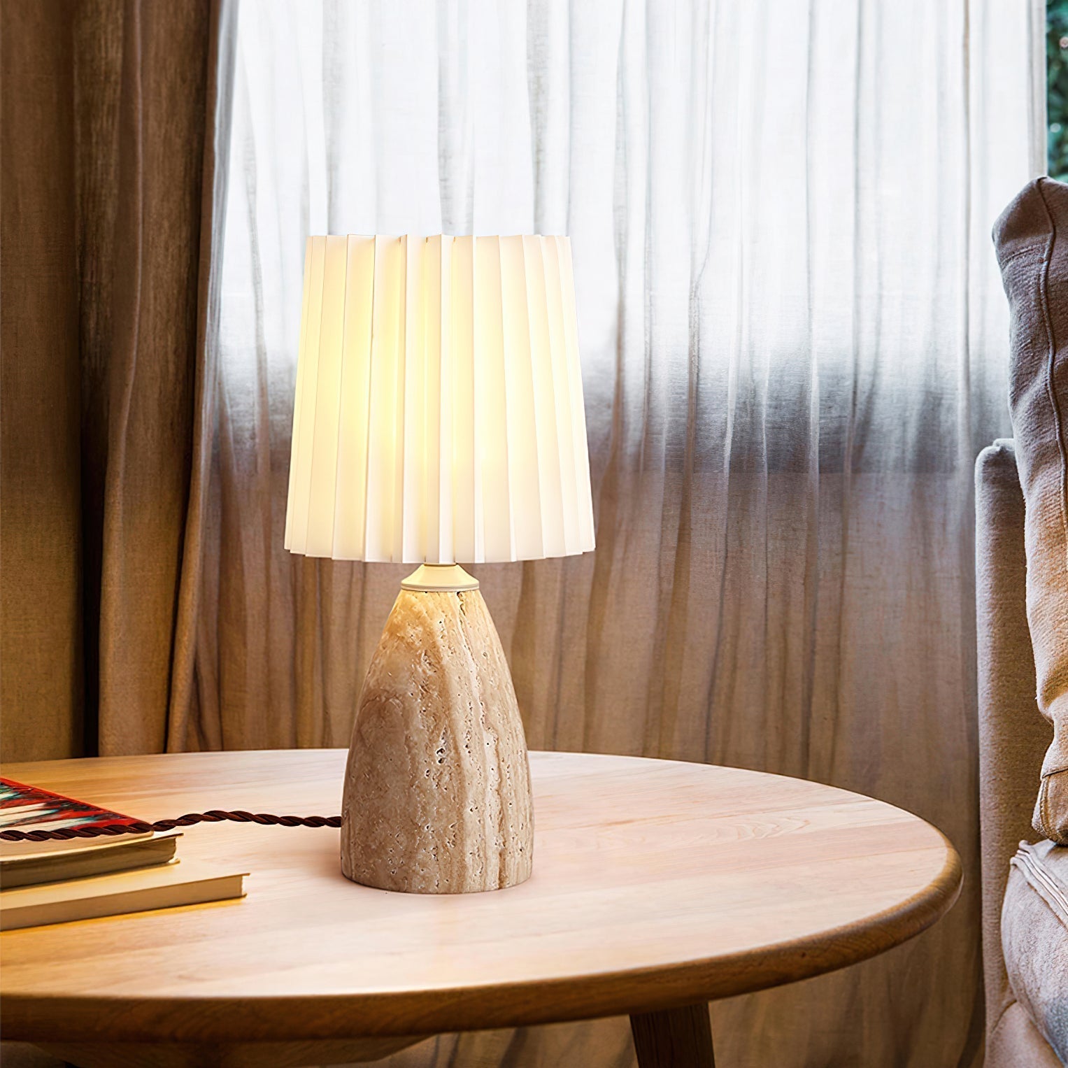 Gusnow Modern Yellow Travertine Table Lamp with Elegant Fabric Shade for Bedroom Bedside