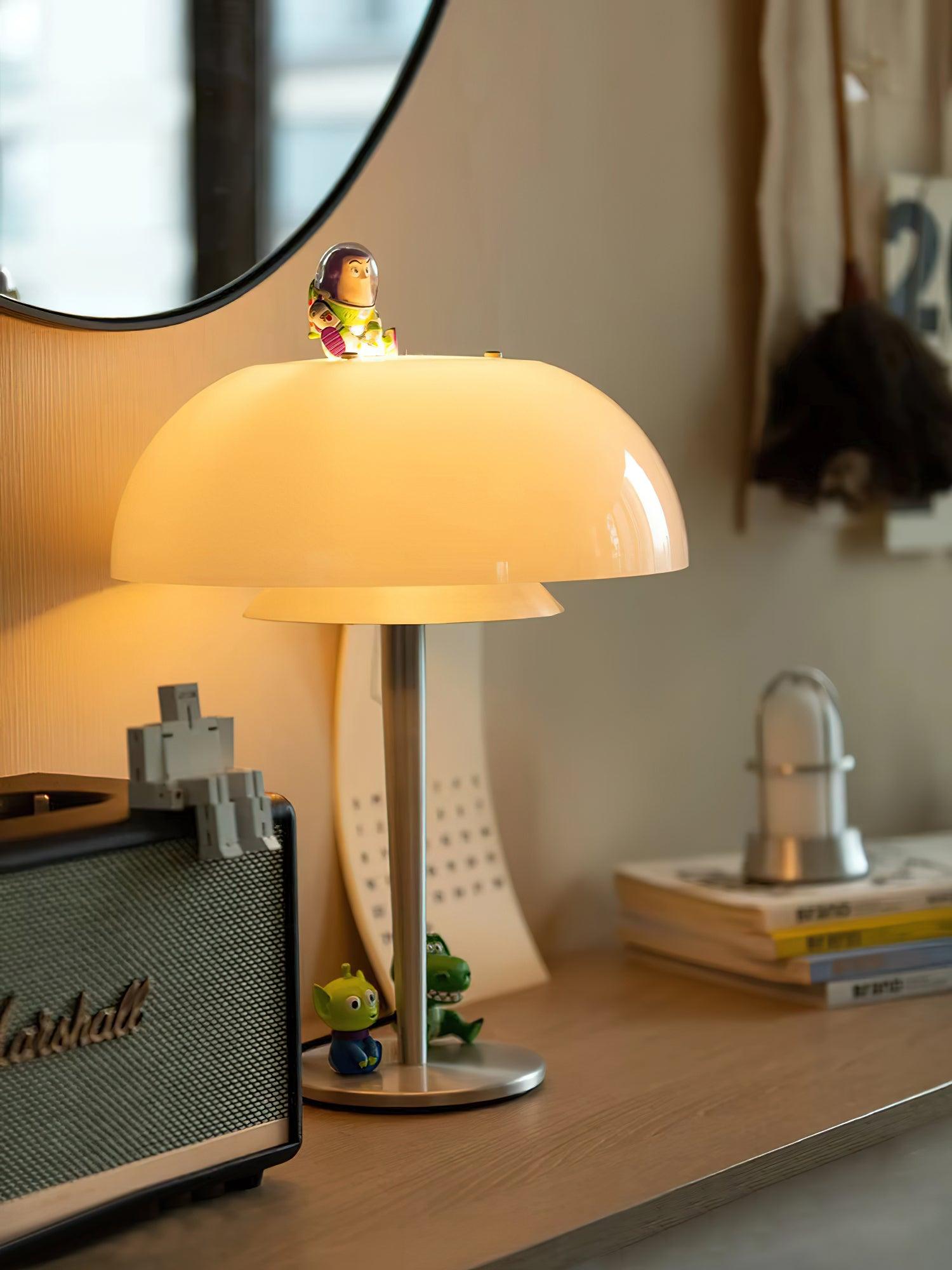 Modern Mushroom Style Glass Table Lamp Bedside Silver Metal and White Glass Lighting