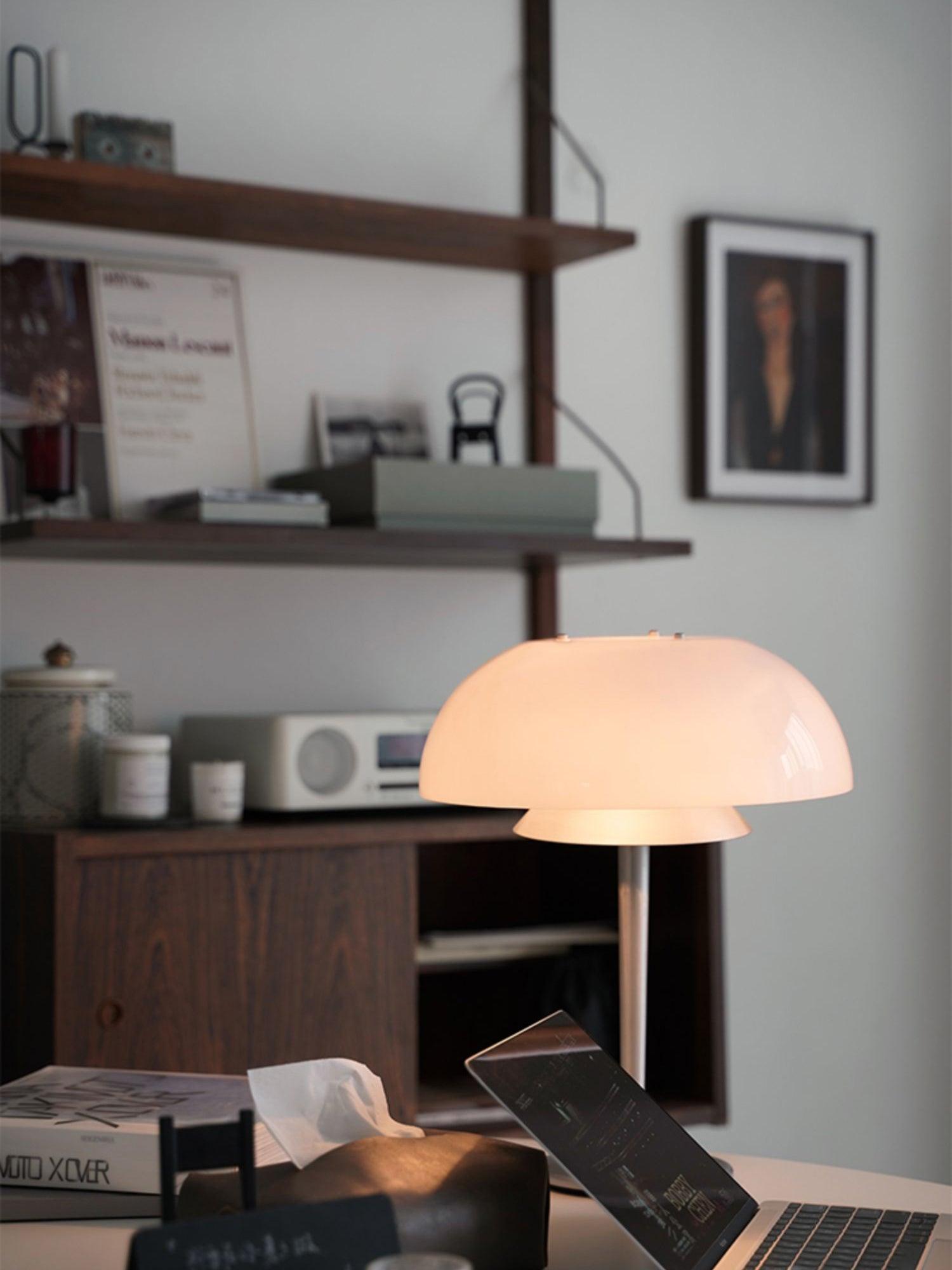 Modern Mushroom Style Glass Table Lamp Bedside Silver Metal and White Glass Lighting
