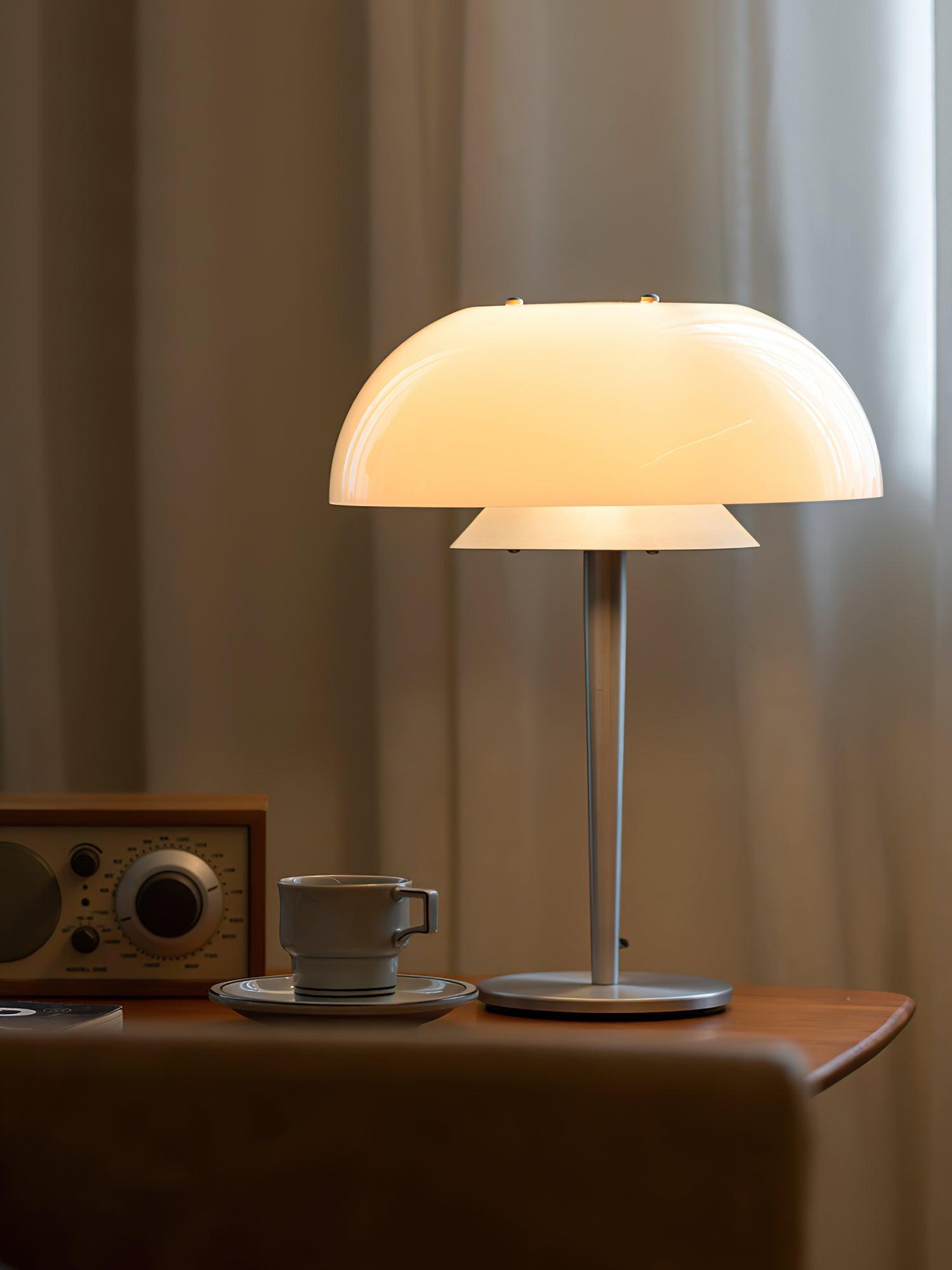Modern Mushroom Style Glass Table Lamp Bedside Silver Metal and White Glass Lighting