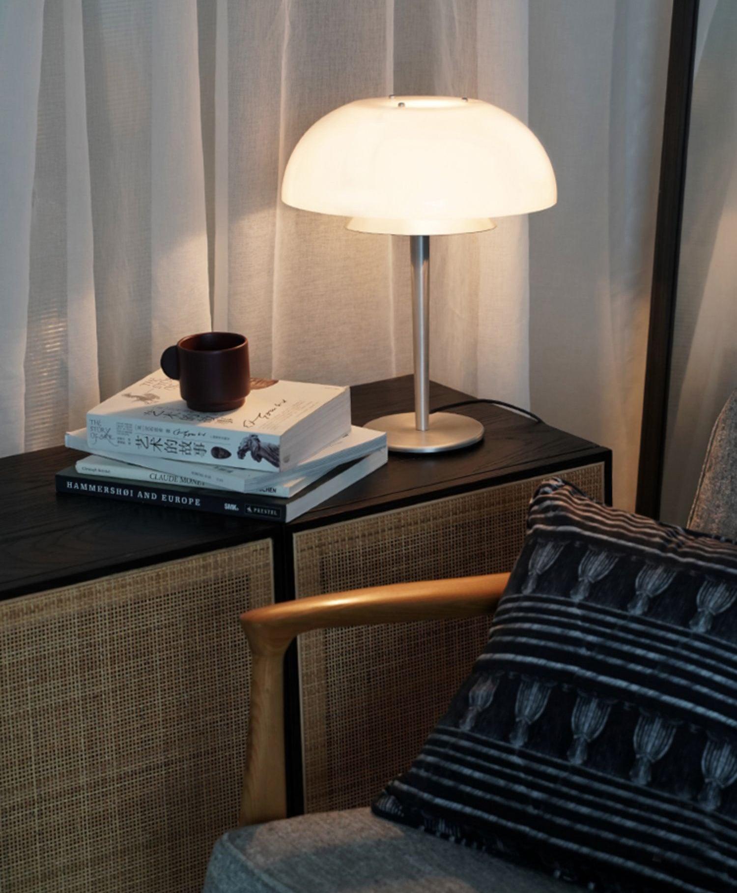 Modern Mushroom Style Glass Table Lamp Bedside Silver Metal and White Glass Lighting