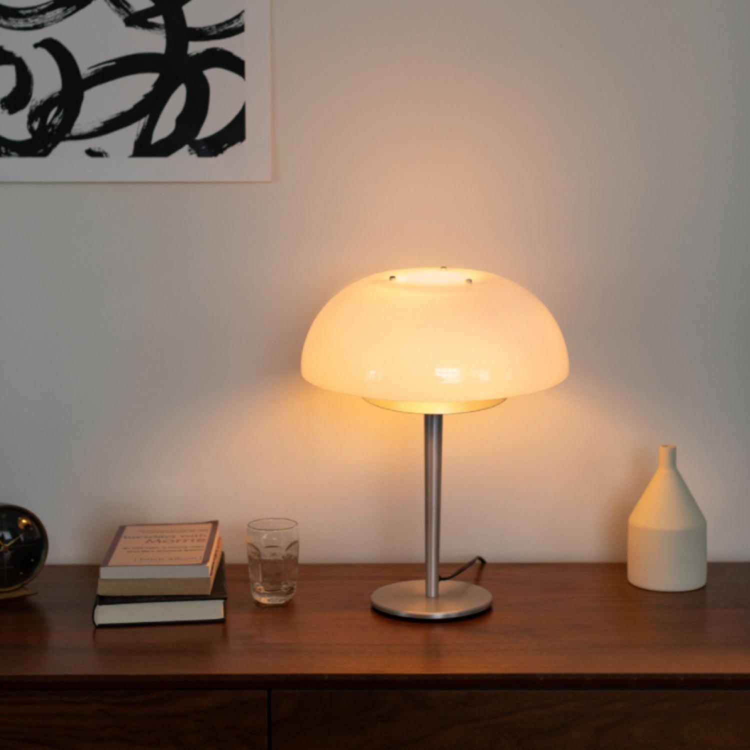 Modern Mushroom Style Glass Table Lamp Bedside Silver Metal and White Glass Lighting