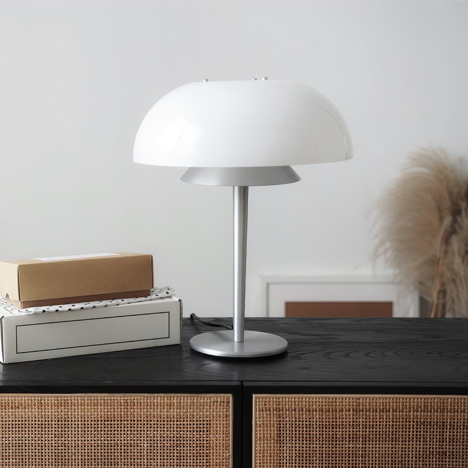 Modern Mushroom Style Glass Table Lamp Bedside Silver Metal and White Glass Lighting