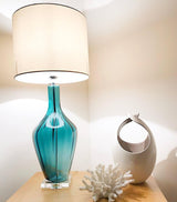Modern Azure Blue Glass Table Lamp with Crystal Accents and Beige Linen Drum Shade