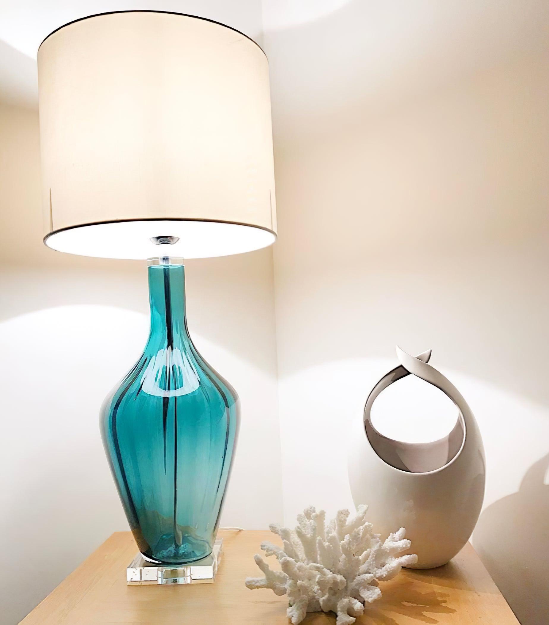 Modern Azure Blue Glass Table Lamp with Crystal Accents and Beige Linen Drum Shade