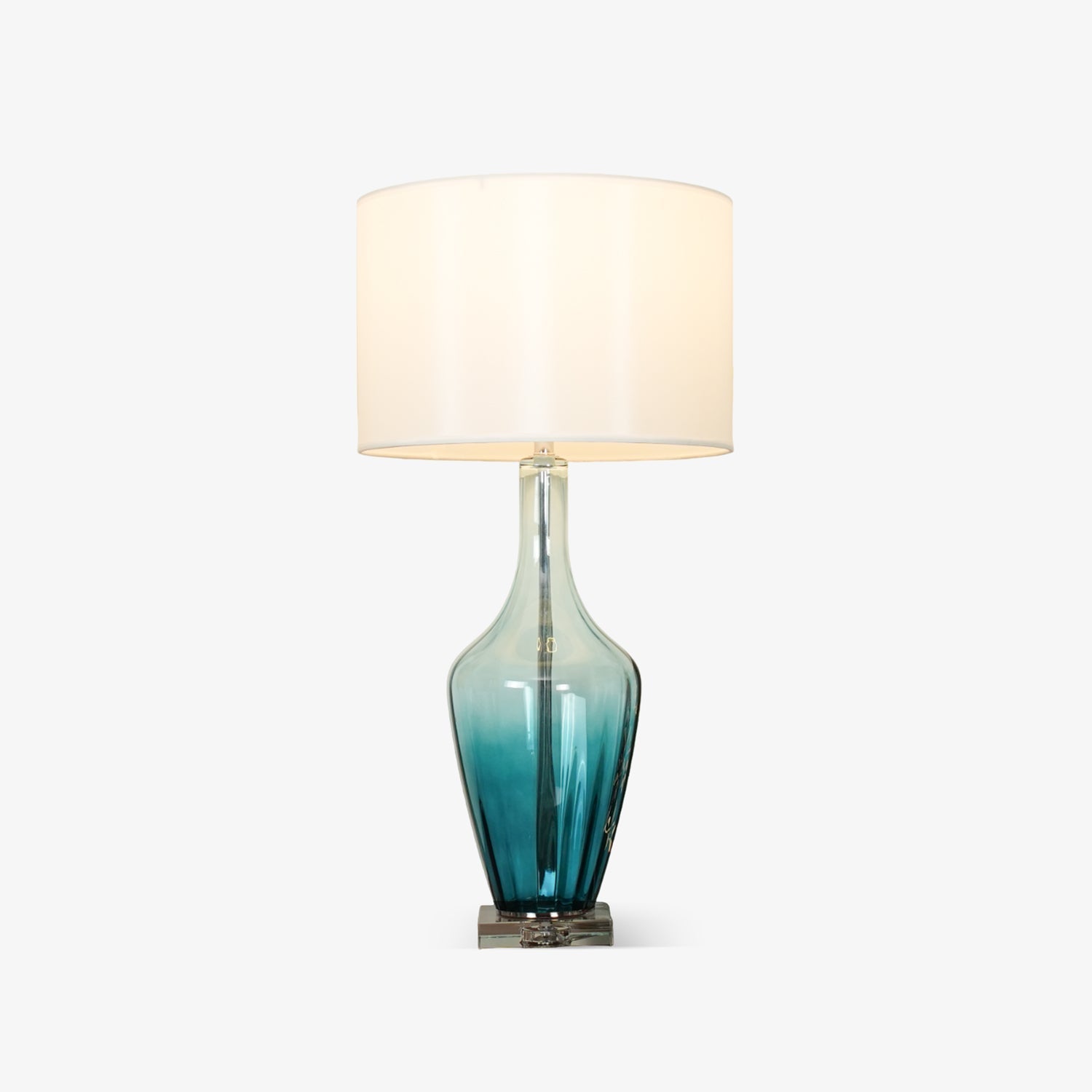 Modern Azure Blue Glass Table Lamp with Crystal Accents and Beige Linen Drum Shade
