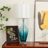 Modern Azure Blue Glass Table Lamp with Crystal Accents and Beige Linen Drum Shade